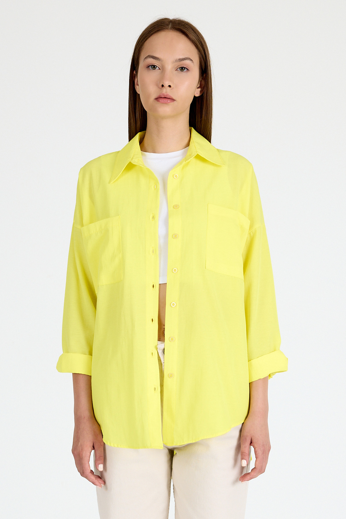 Sarı Çift Cepli Oversize Uzun Basic Gömlek TCR 6256A - 6