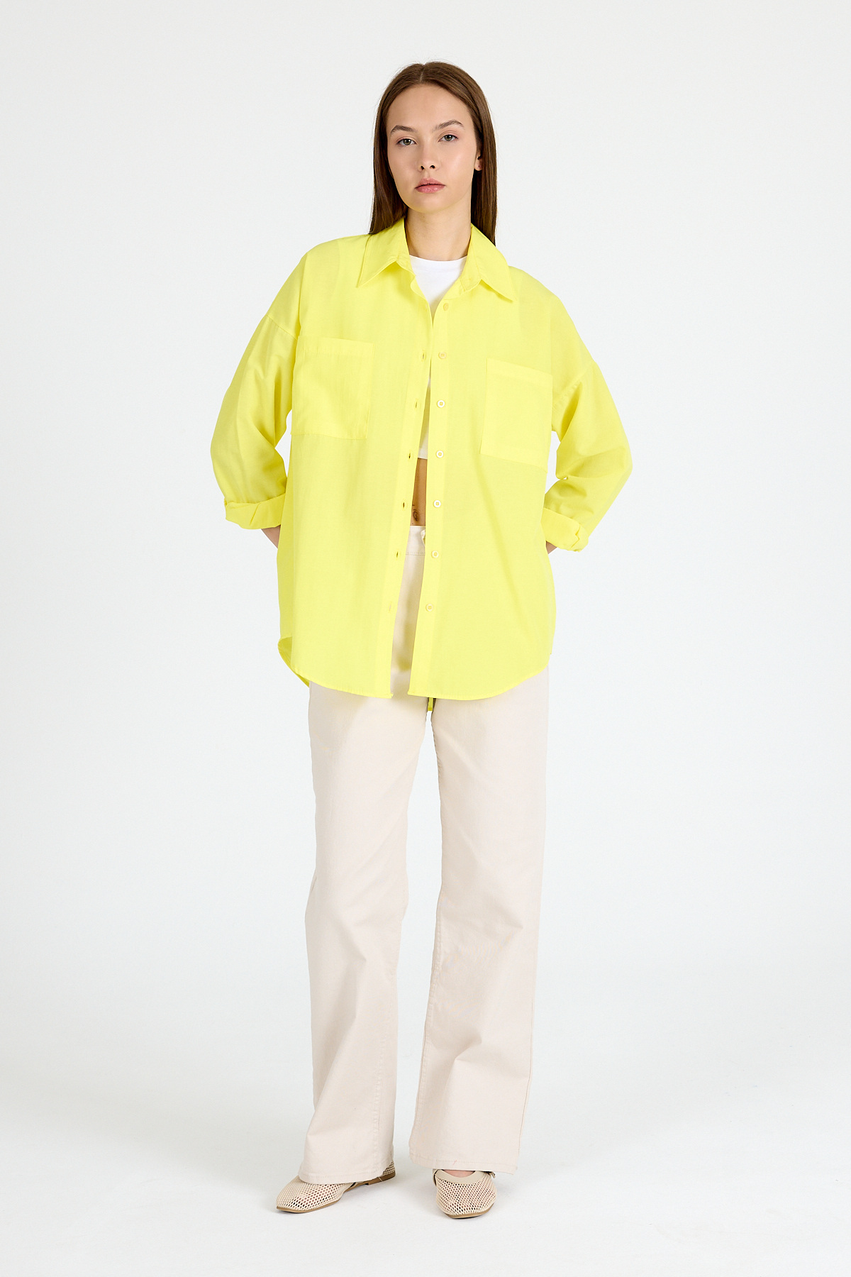 Sarı Çift Cepli Oversize Uzun Basic Gömlek TCR 6256A - 3
