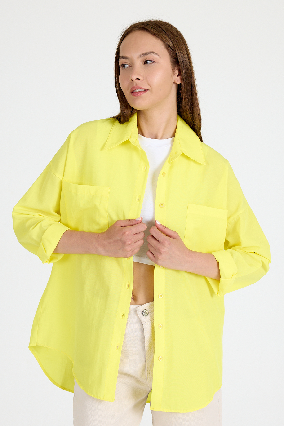 Sarı Çift Cepli Oversize Uzun Basic Gömlek TCR 6256A - 2