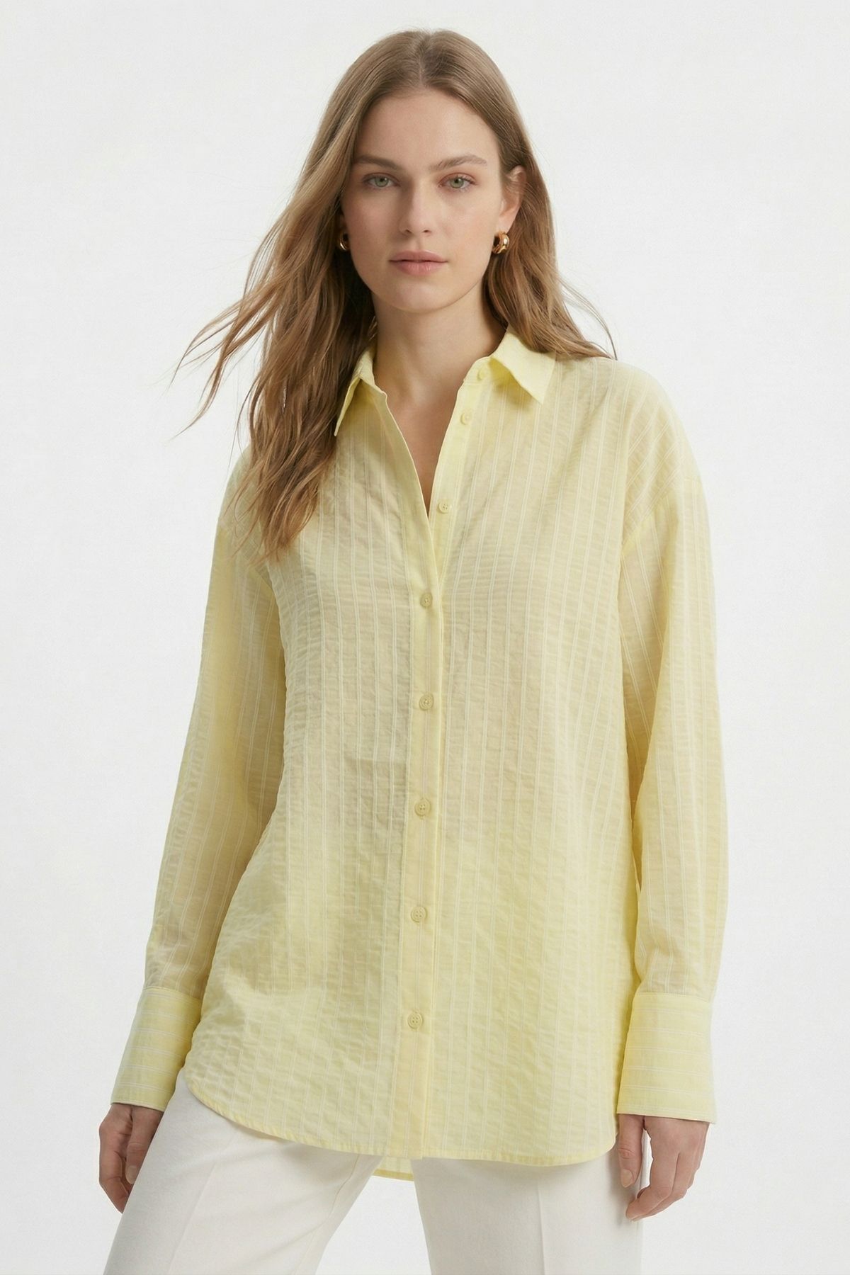 Çizgili Oversize Gömlek 5460 Sarı - RAYS