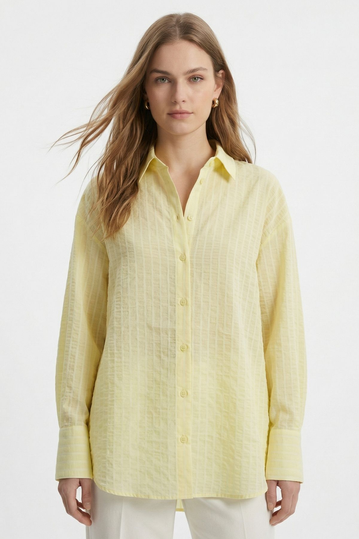 Çizgili Oversize Gömlek 5460 Sarı - RAYS