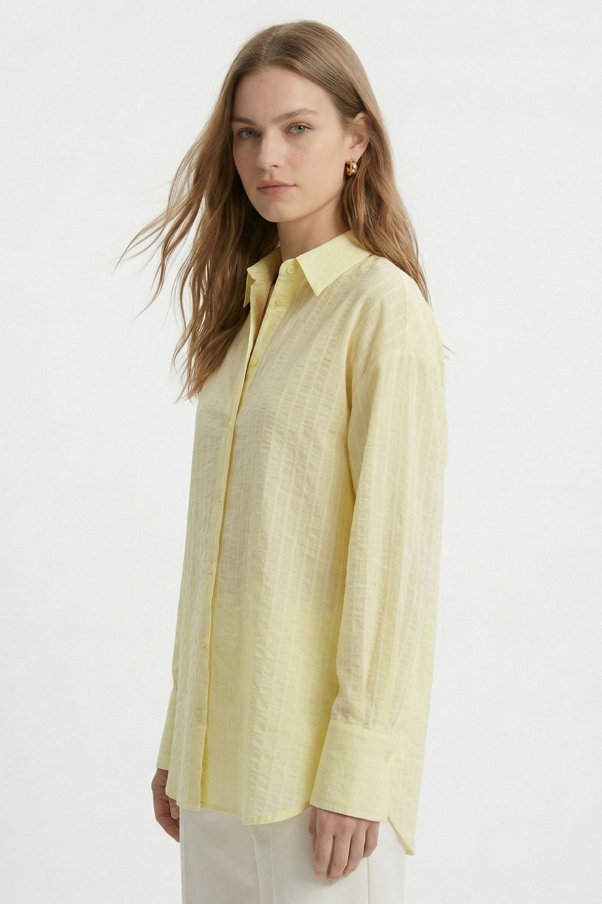 Çizgili Oversize Gömlek 5460 Sarı - RAYS