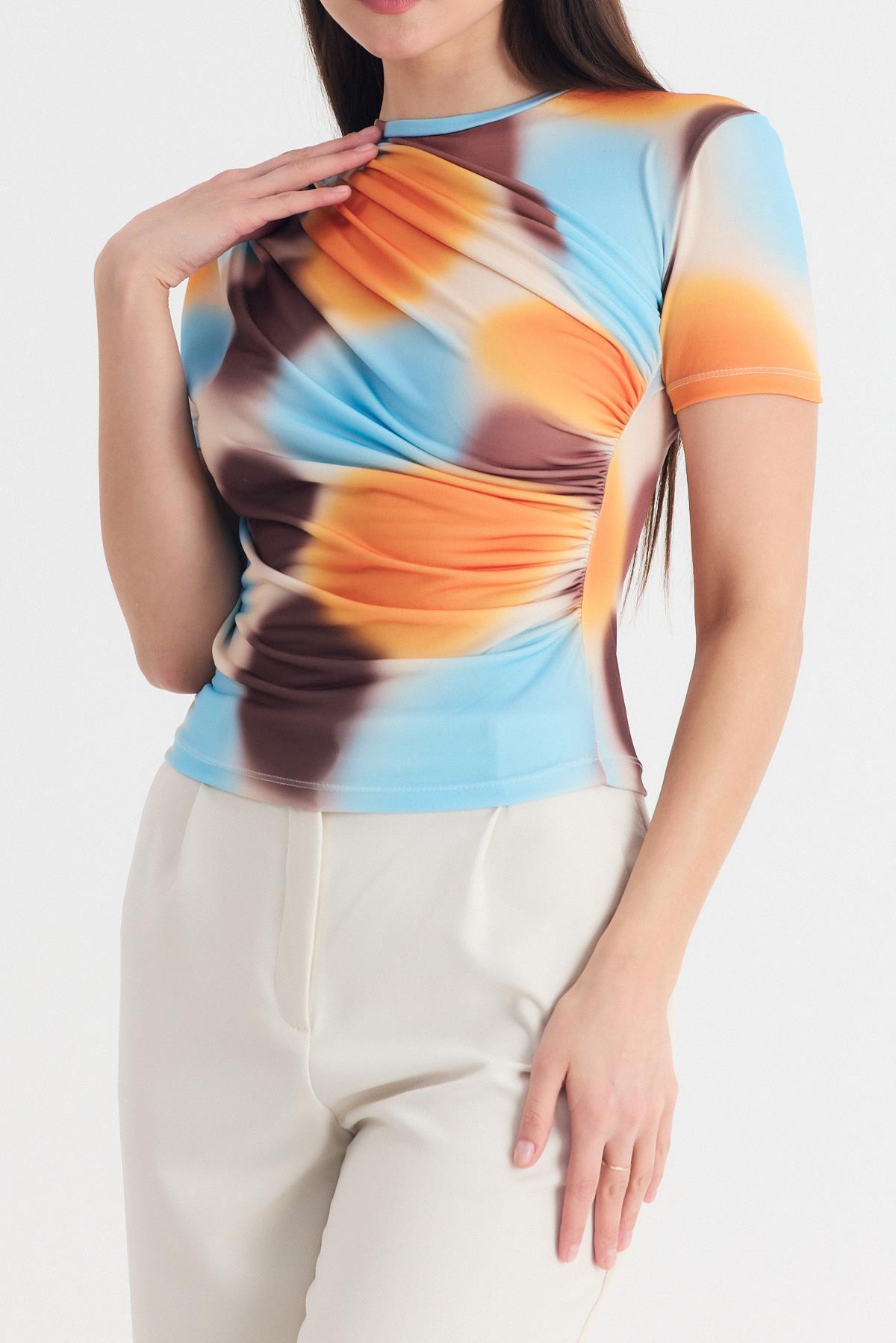 Sarı Desenli Büzgülü Sandy Bluz 12303 - RAYS