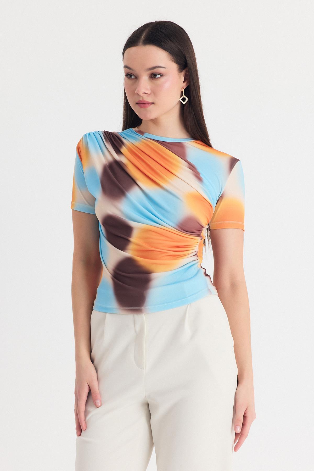 Sarı Desenli Büzgülü Sandy Bluz 12303 - 3