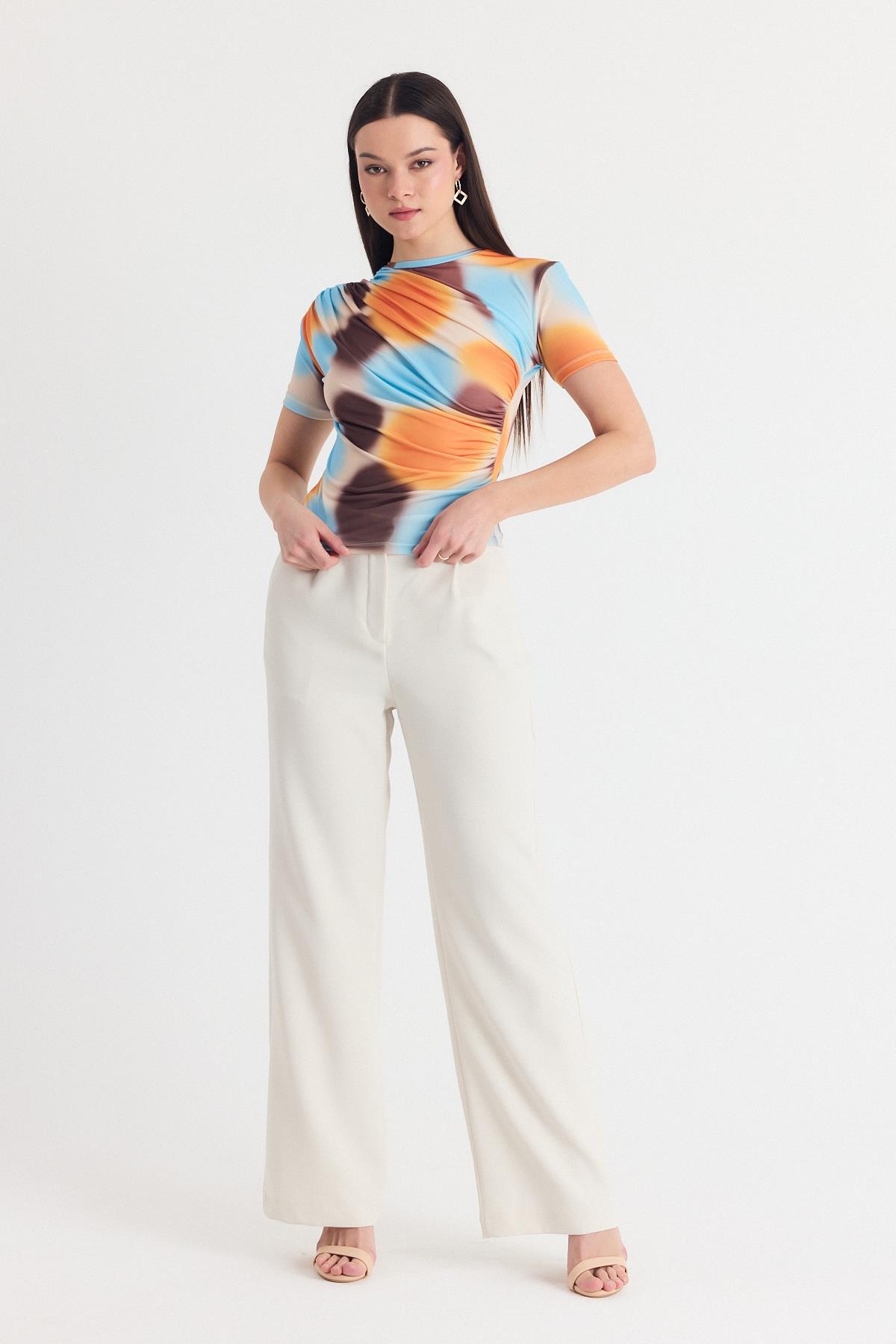 Sarı Desenli Büzgülü Sandy Bluz 12303 - 7