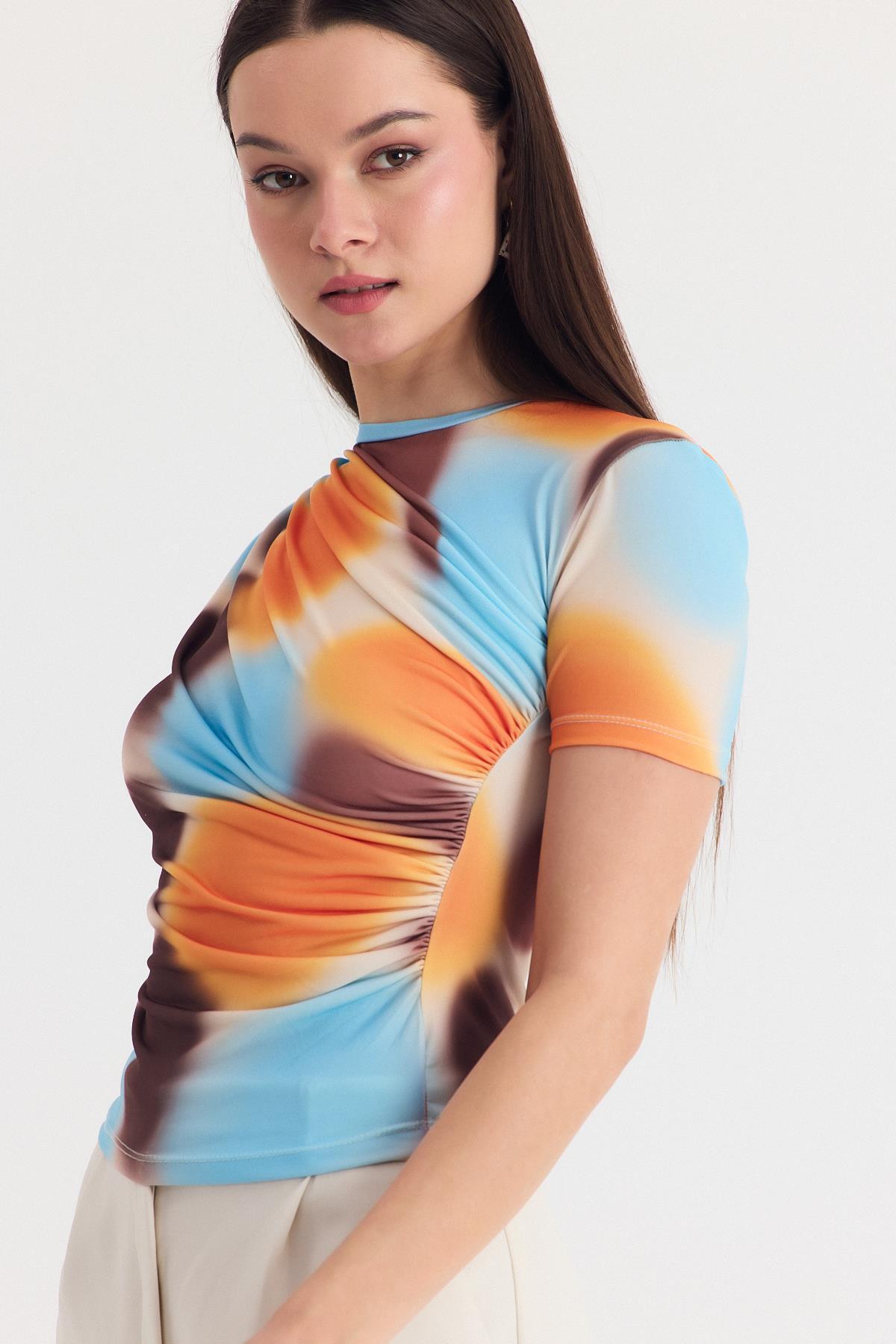 Sarı Desenli Büzgülü Sandy Bluz 12303 - 8