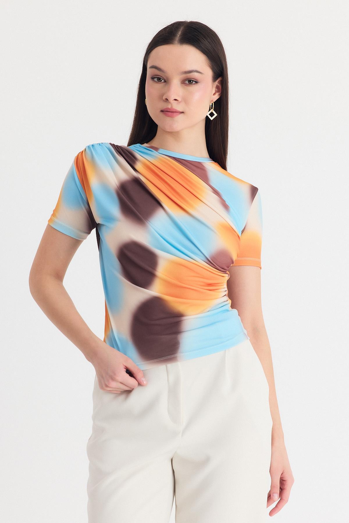 Sarı Desenli Büzgülü Sandy Bluz 12303 