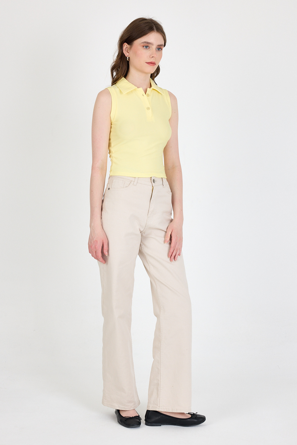 Sarı Düğmeli Polo Yaka Sıfır Kol Örme Bluz 2219 - RAYS