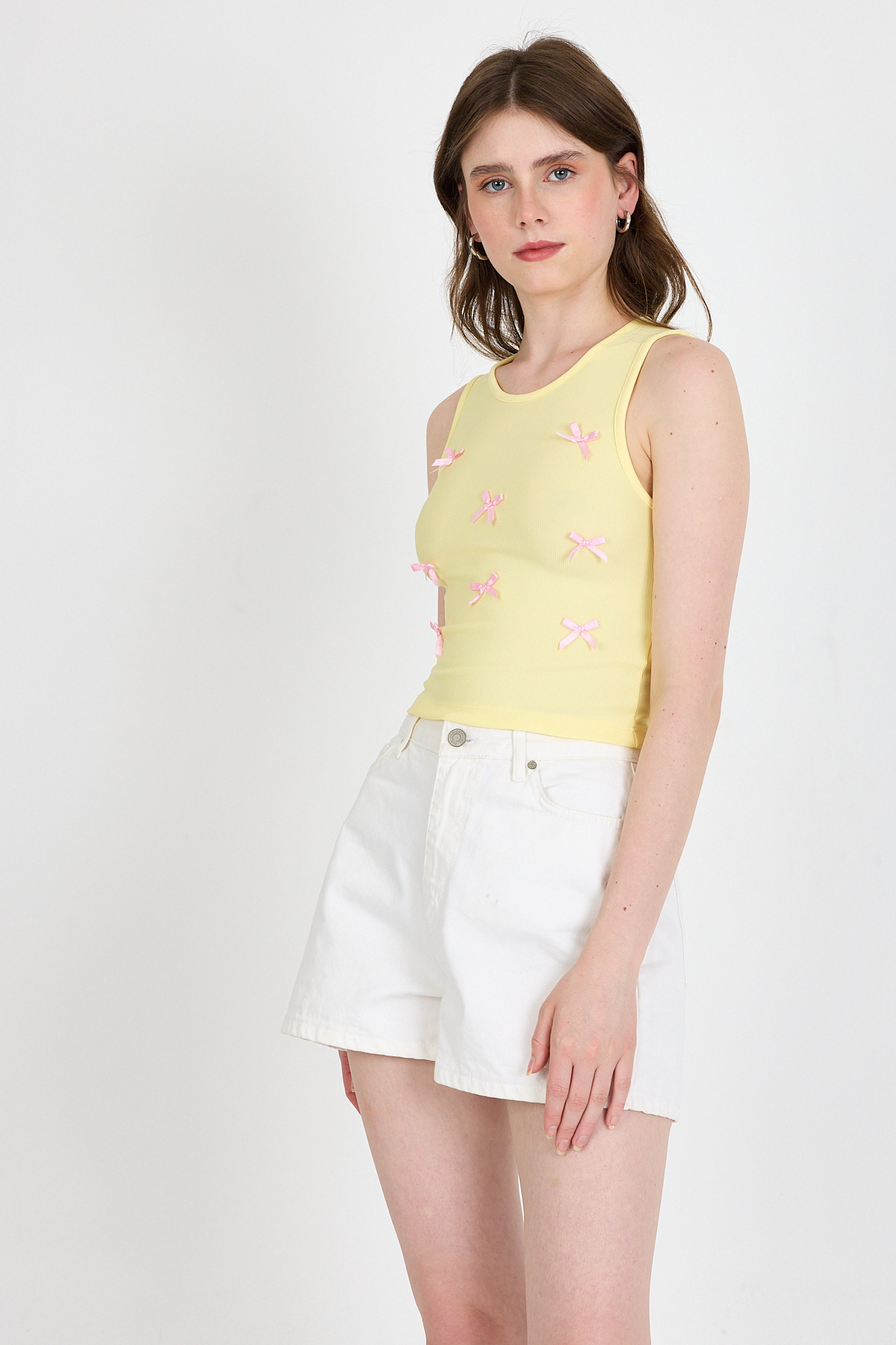 Sarı Fiyonk İşlemeli Crop Örme Atlet 0849 - 2