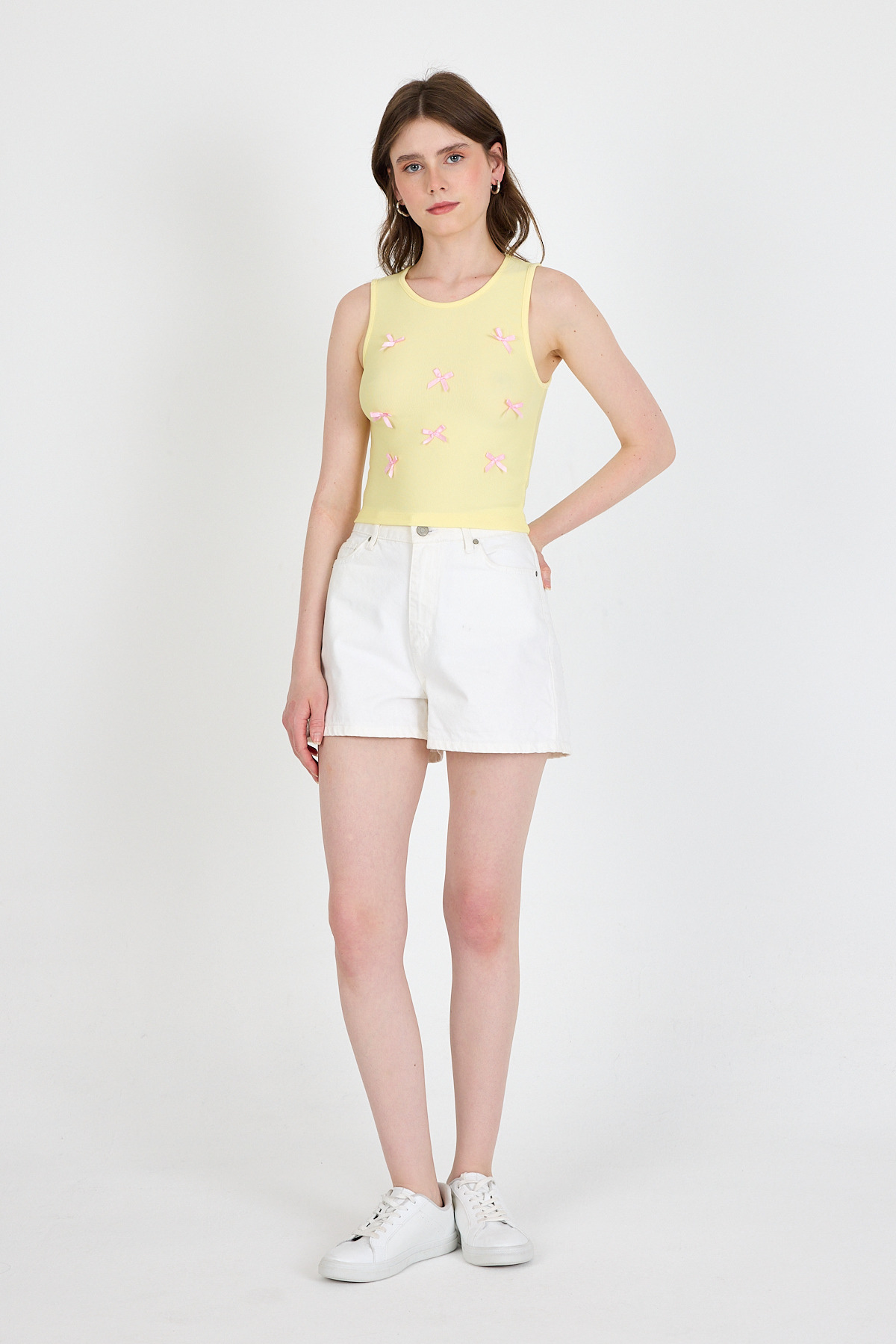 Sarı Fiyonk İşlemeli Crop Örme Atlet 0849 - 3