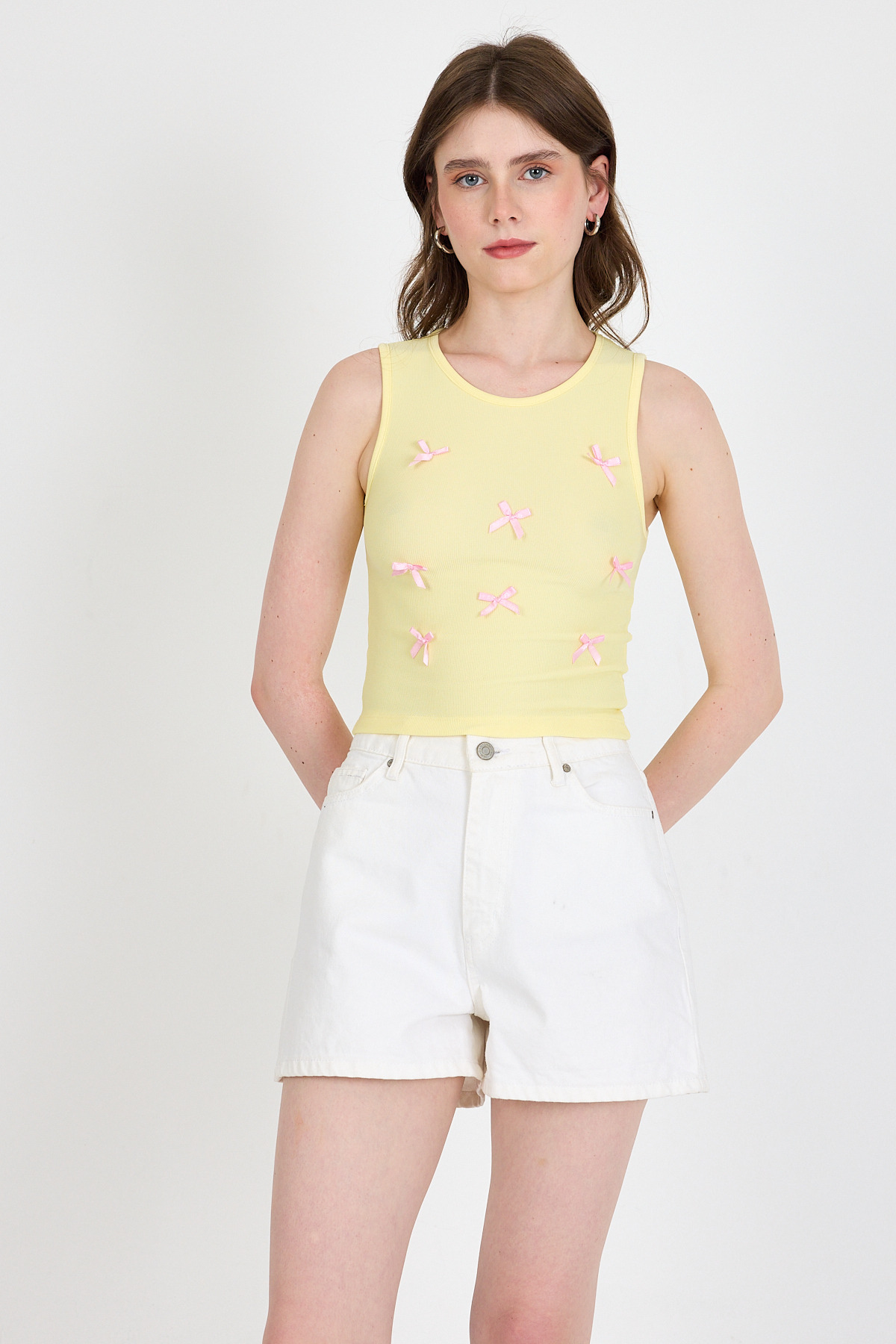 Sarı Fiyonk İşlemeli Crop Örme Atlet 0849 - 6