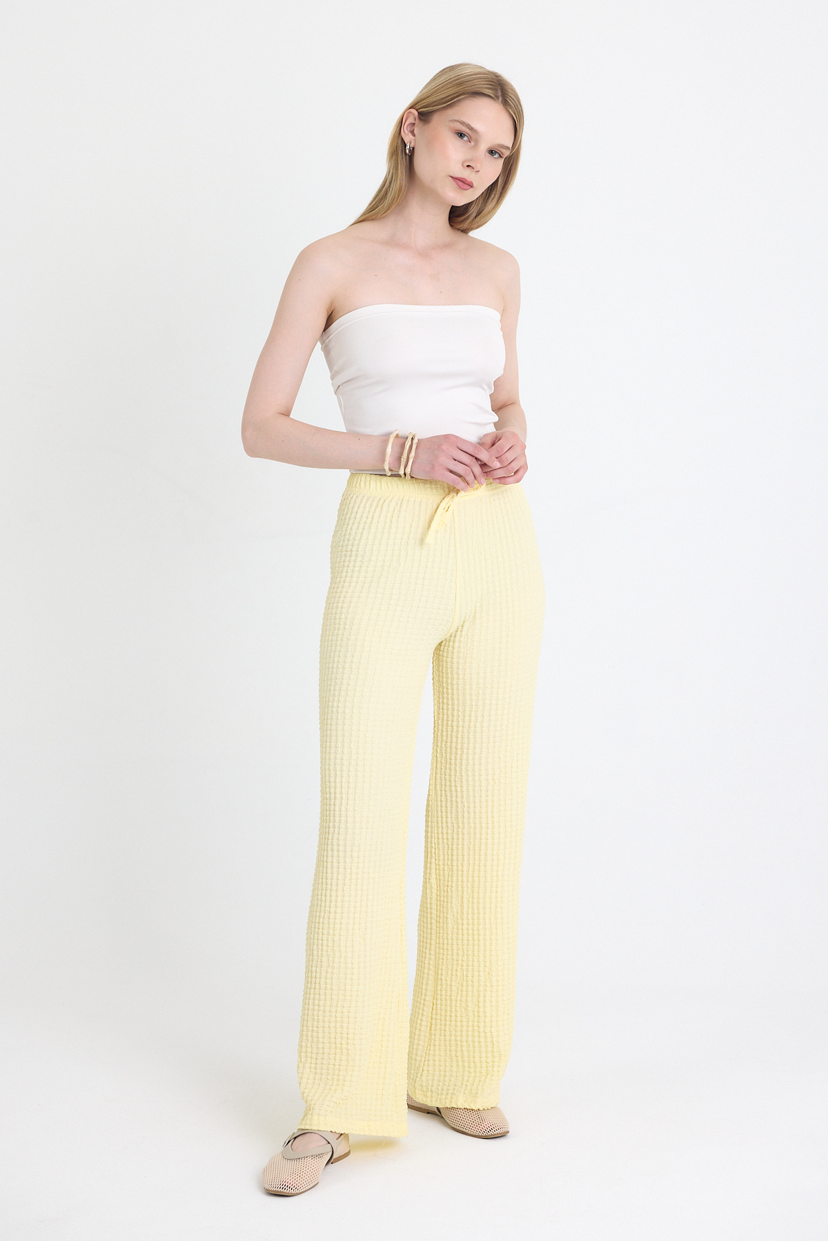 Sarı Geniş Paça Dökümlü Bürümcük Kumaş Pantolon 326 - 6