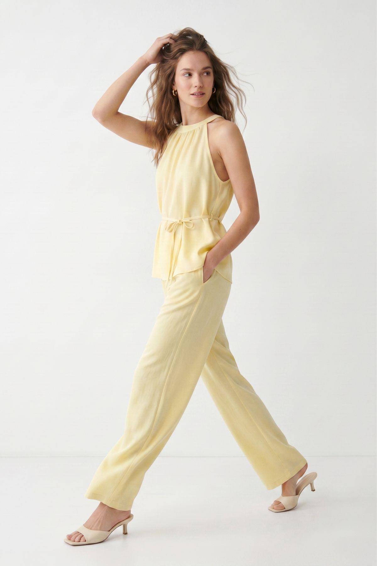 Halter Yaka Bluz Geniş Paça Pantolon 7130 Sarı - RAYS