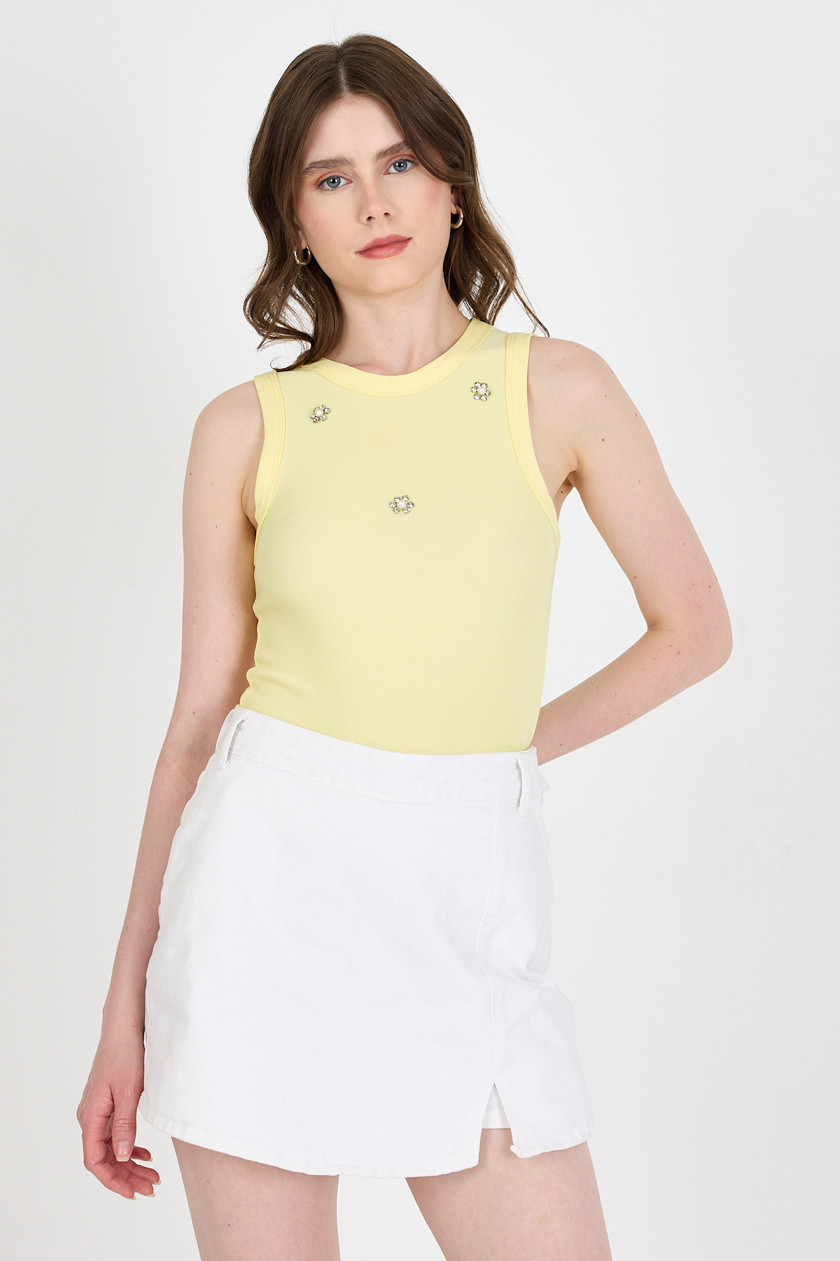Sarı İnci Taş Detaylı Halter Yaka Ribanalı Atlet 0649 - RAYS