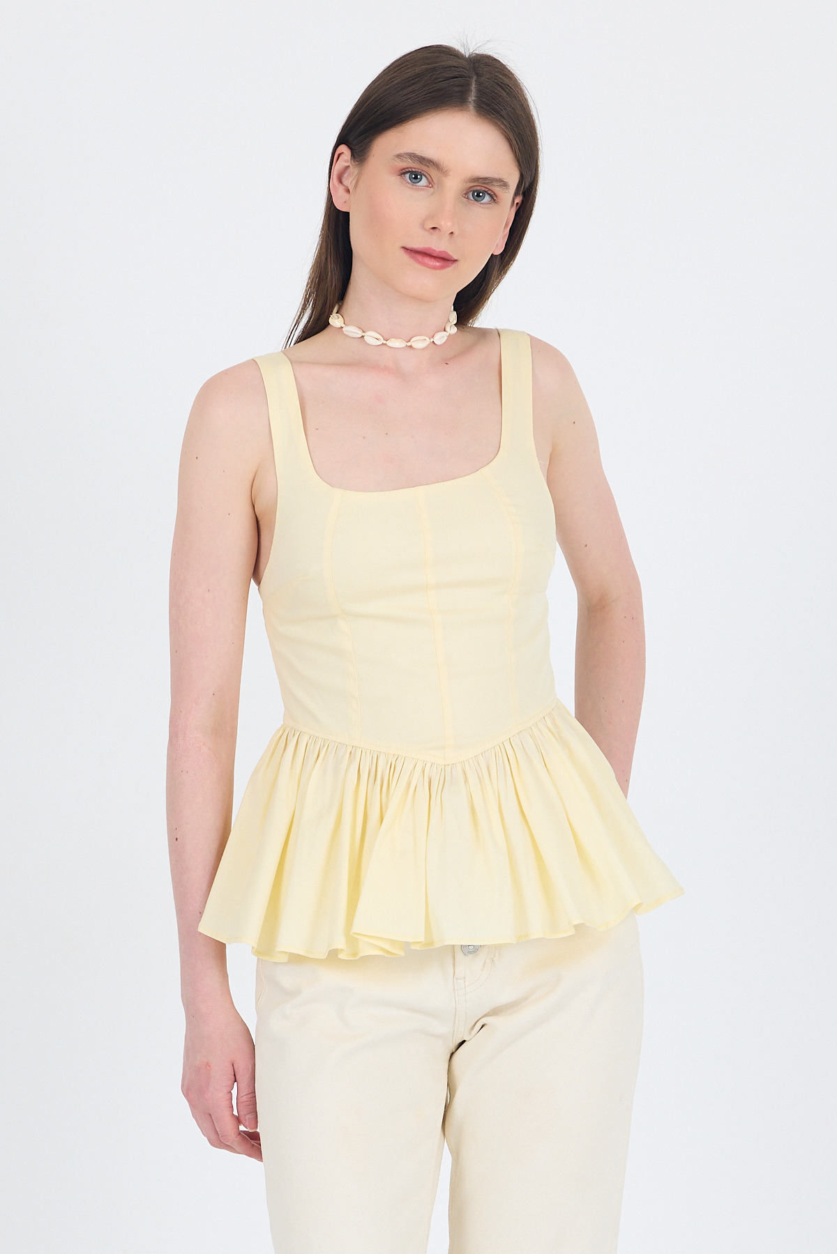 Sarı Kare Yaka Balon Bluz 6889 - RAYS