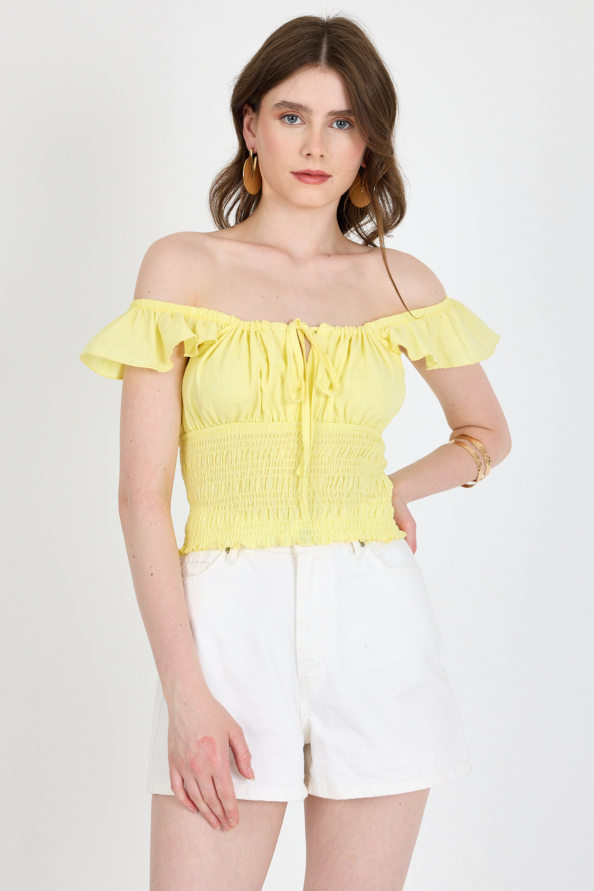 Sarı Keten Görünümlü %100 Pamuk Büzgülü Fırfır Kol Detaylı Crop Bluz 6892 - 1