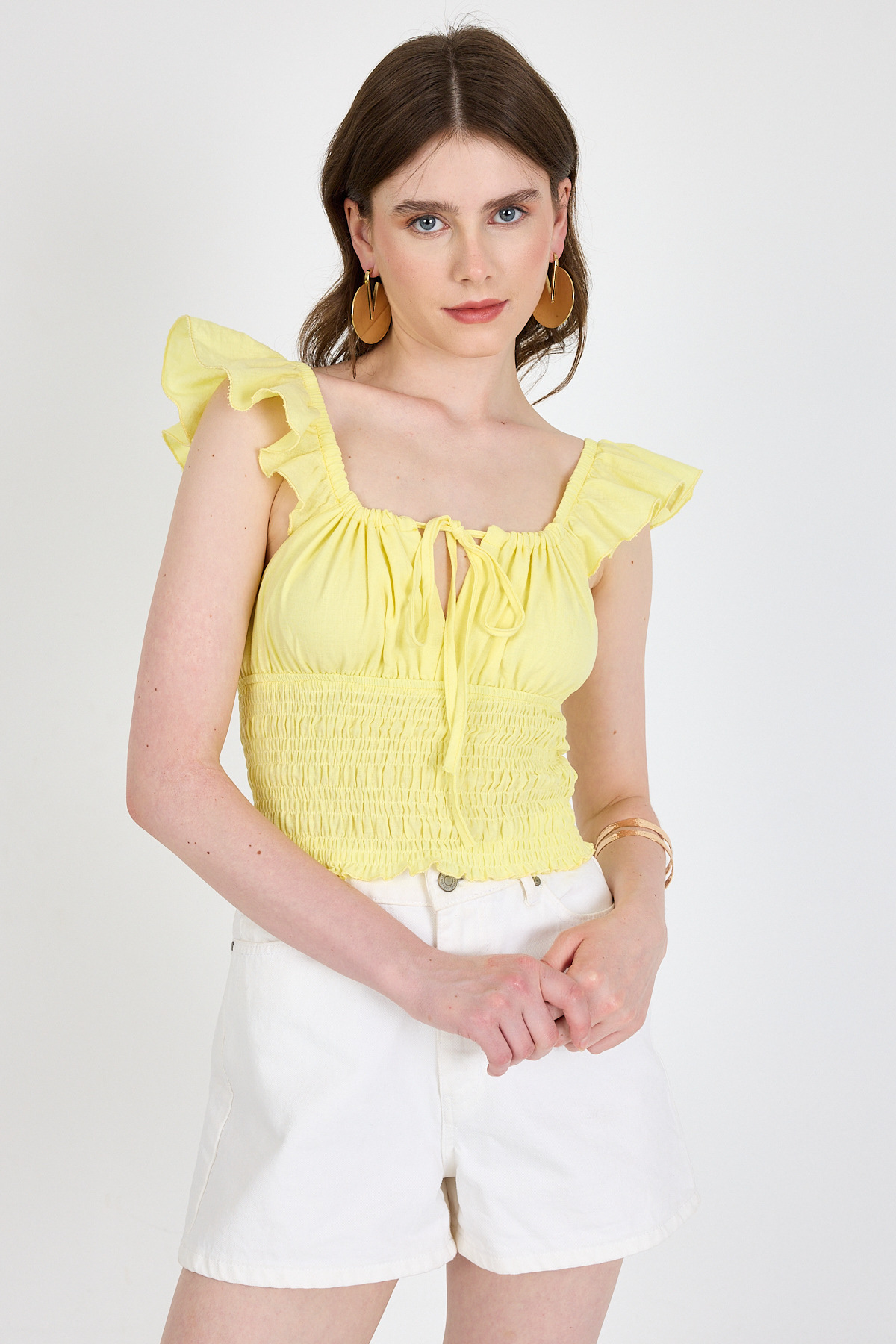 Sarı Keten Görünümlü %100 Pamuk Büzgülü Fırfır Kol Detaylı Crop Bluz 6892 - 2