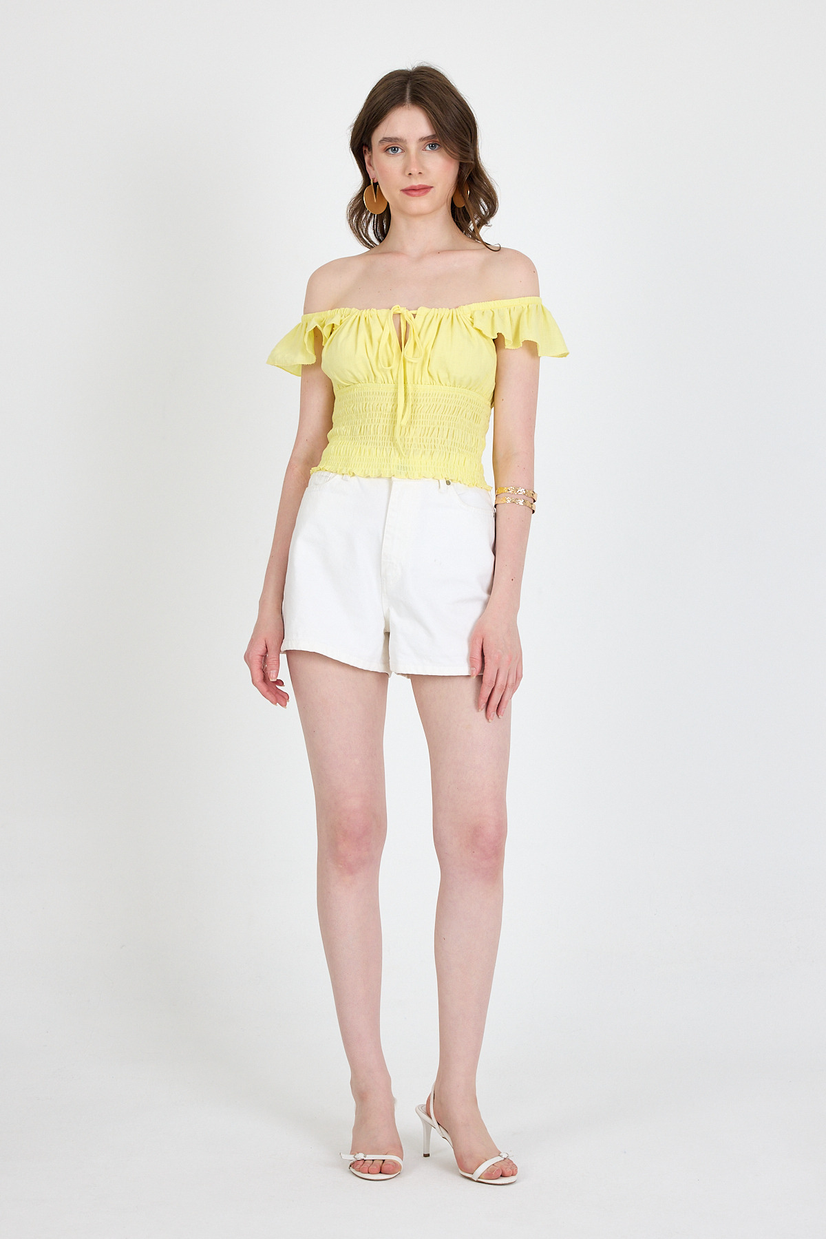 Sarı Keten Görünümlü %100 Pamuk Büzgülü Fırfır Kol Detaylı Crop Bluz 6892 - 3