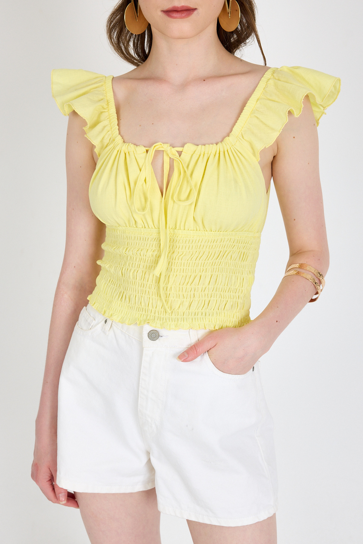 Sarı Keten Görünümlü %100 Pamuk Büzgülü Fırfır Kol Detaylı Crop Bluz 6892 - 7
