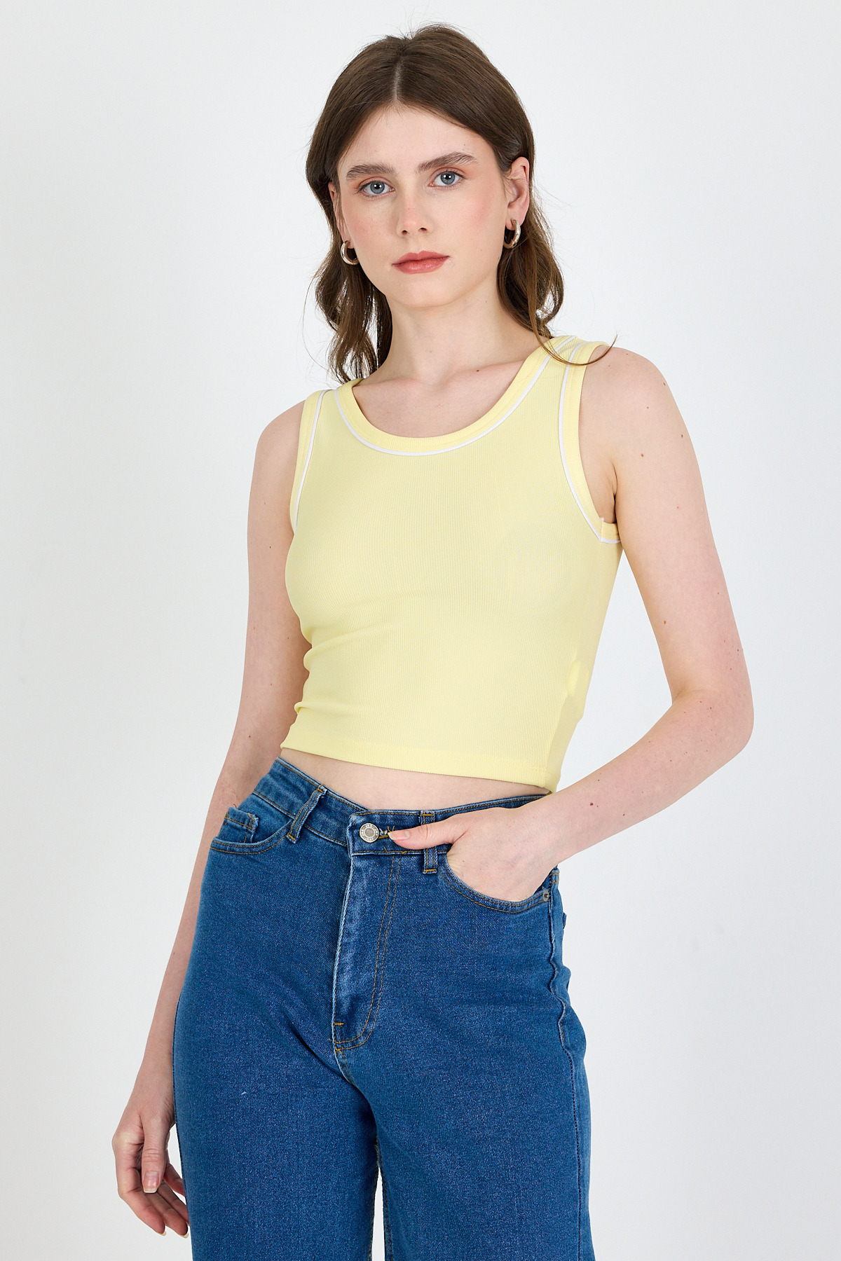 Sarı Şerit Detaylı Örme Crop Atlet 1049 - RAYS