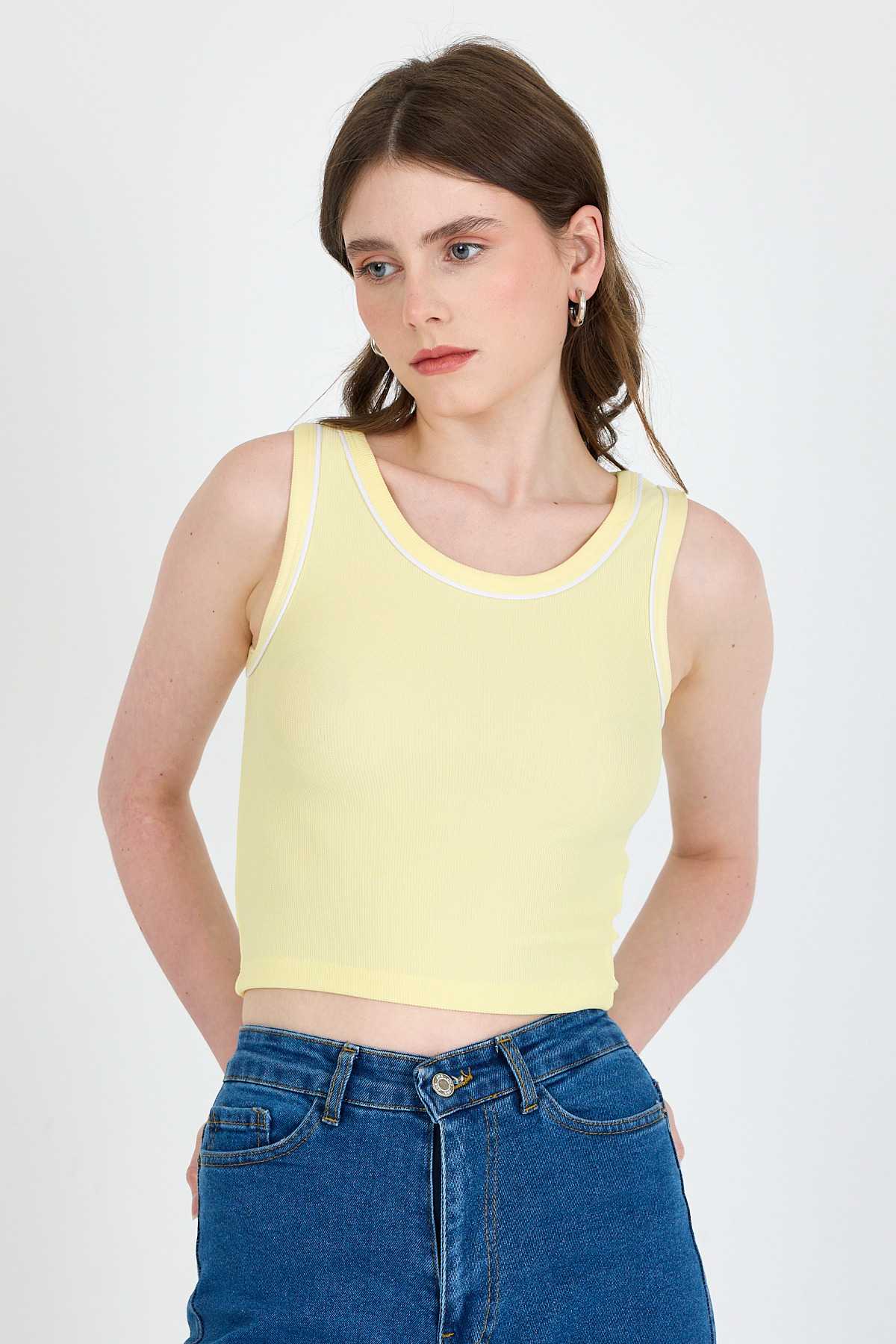 Sarı Şerit Detaylı Örme Crop Atlet 1049 - RAYS