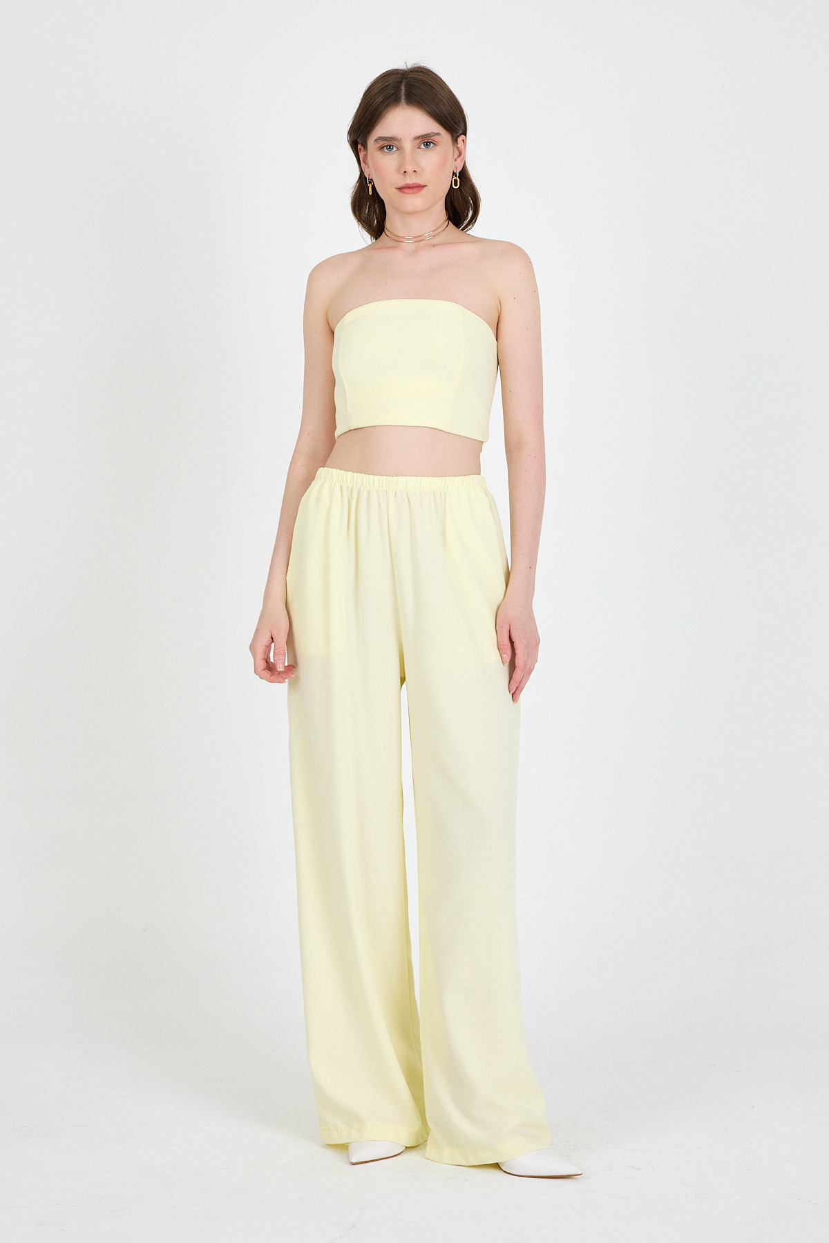 Sarı Straplez Asimetrik Bluz Pantolon Takım 5234 - 7