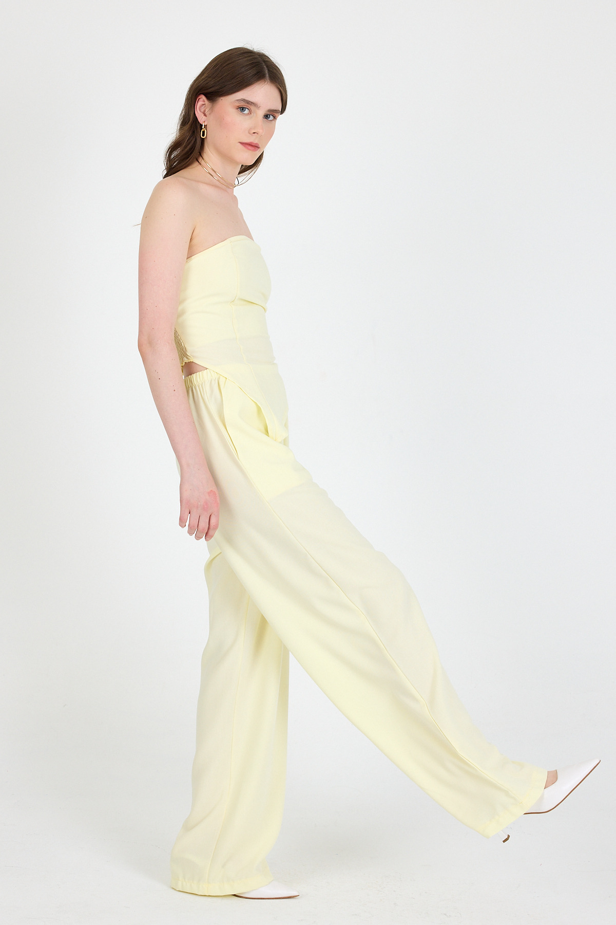 Sarı Straplez Asimetrik Bluz Pantolon Takım 5234 - RAYS