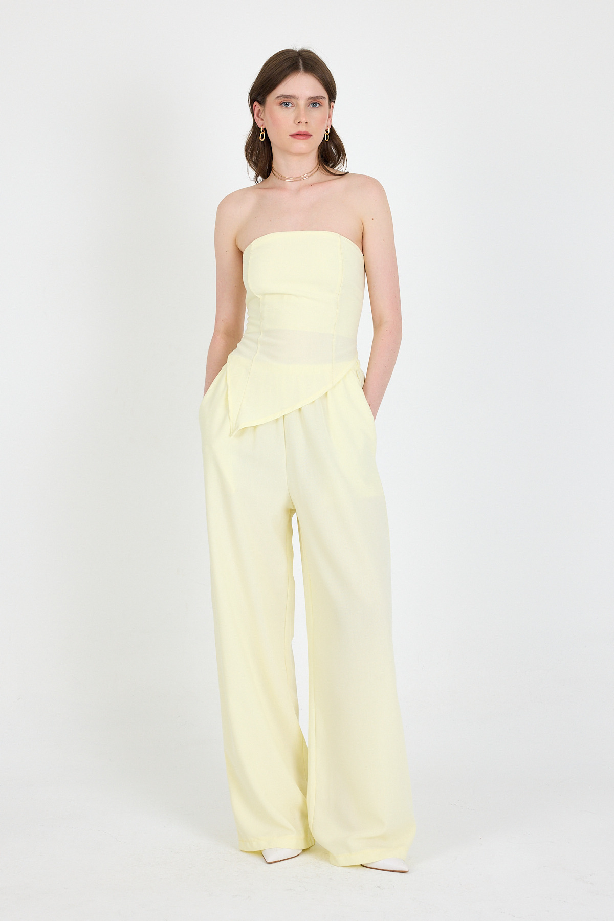 Sarı Straplez Asimetrik Bluz Pantolon Takım 5234 - 6