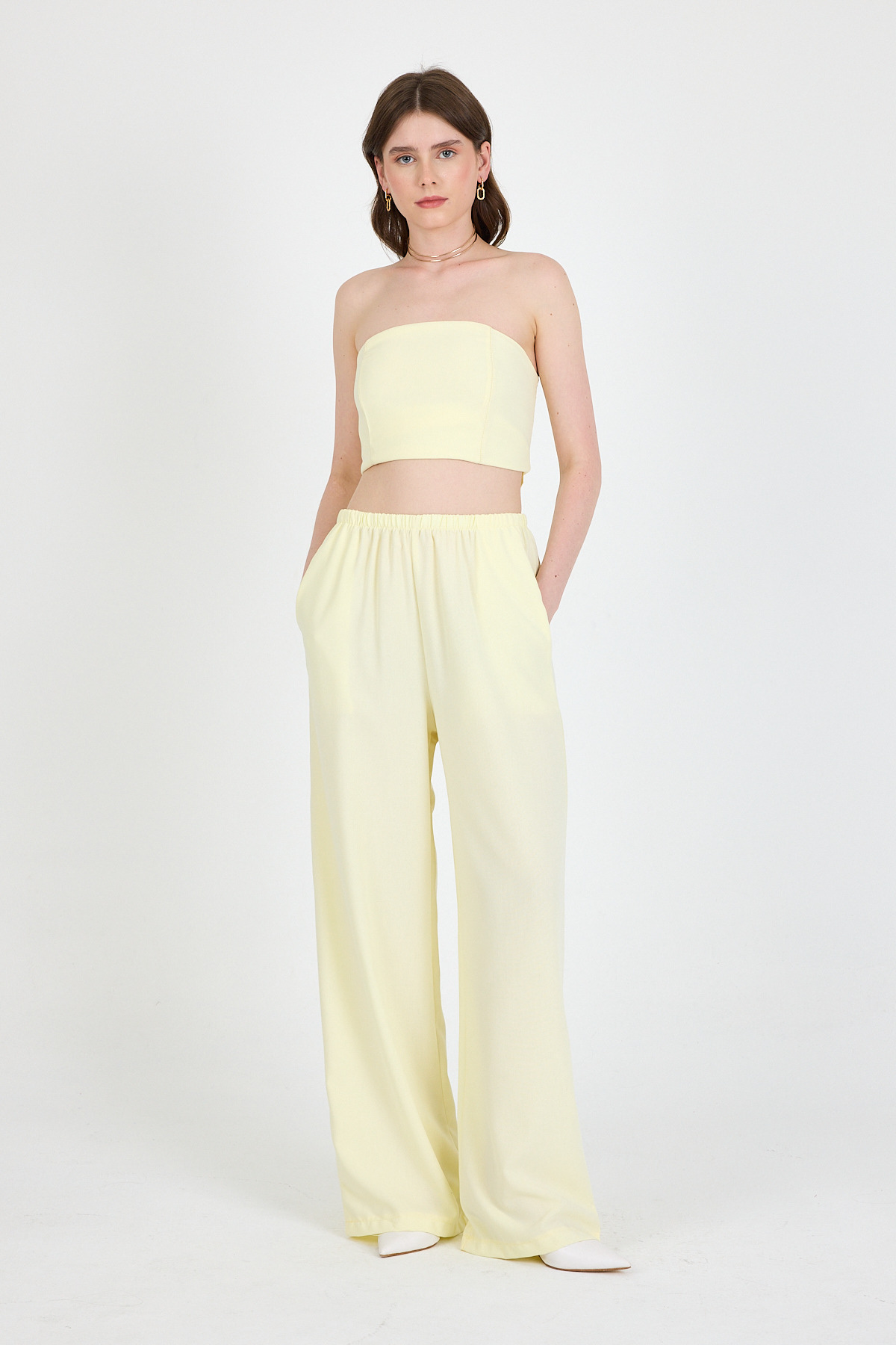 Sarı Straplez Asimetrik Bluz Pantolon Takım 5234 - RAYS