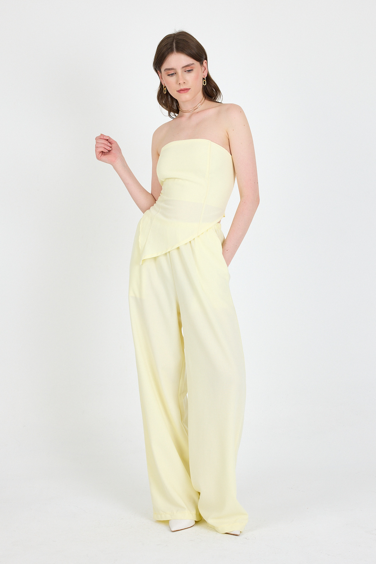 Sarı Straplez Asimetrik Bluz Pantolon Takım 5234 - RAYS
