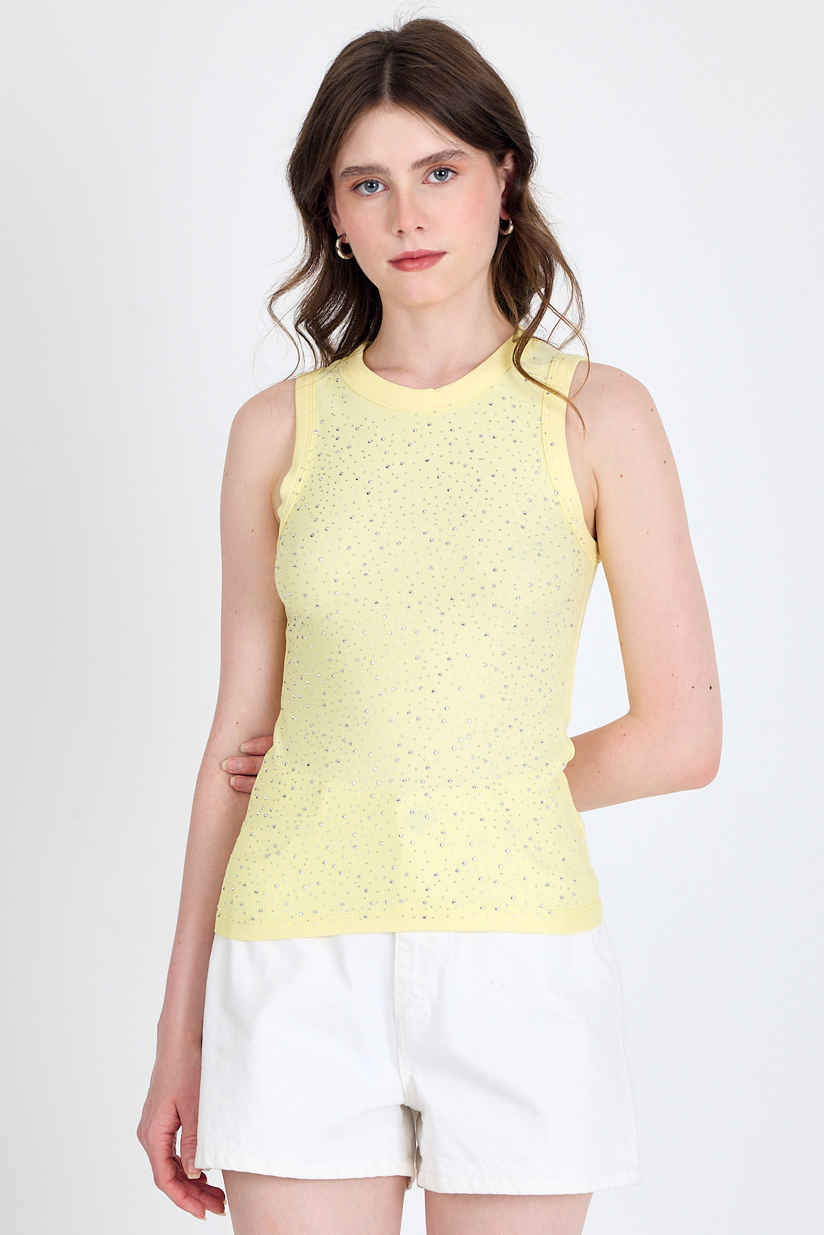 Sarı Taş İşleme Detaylı Halter Yaka Örme Atlet 0349 - RAYS