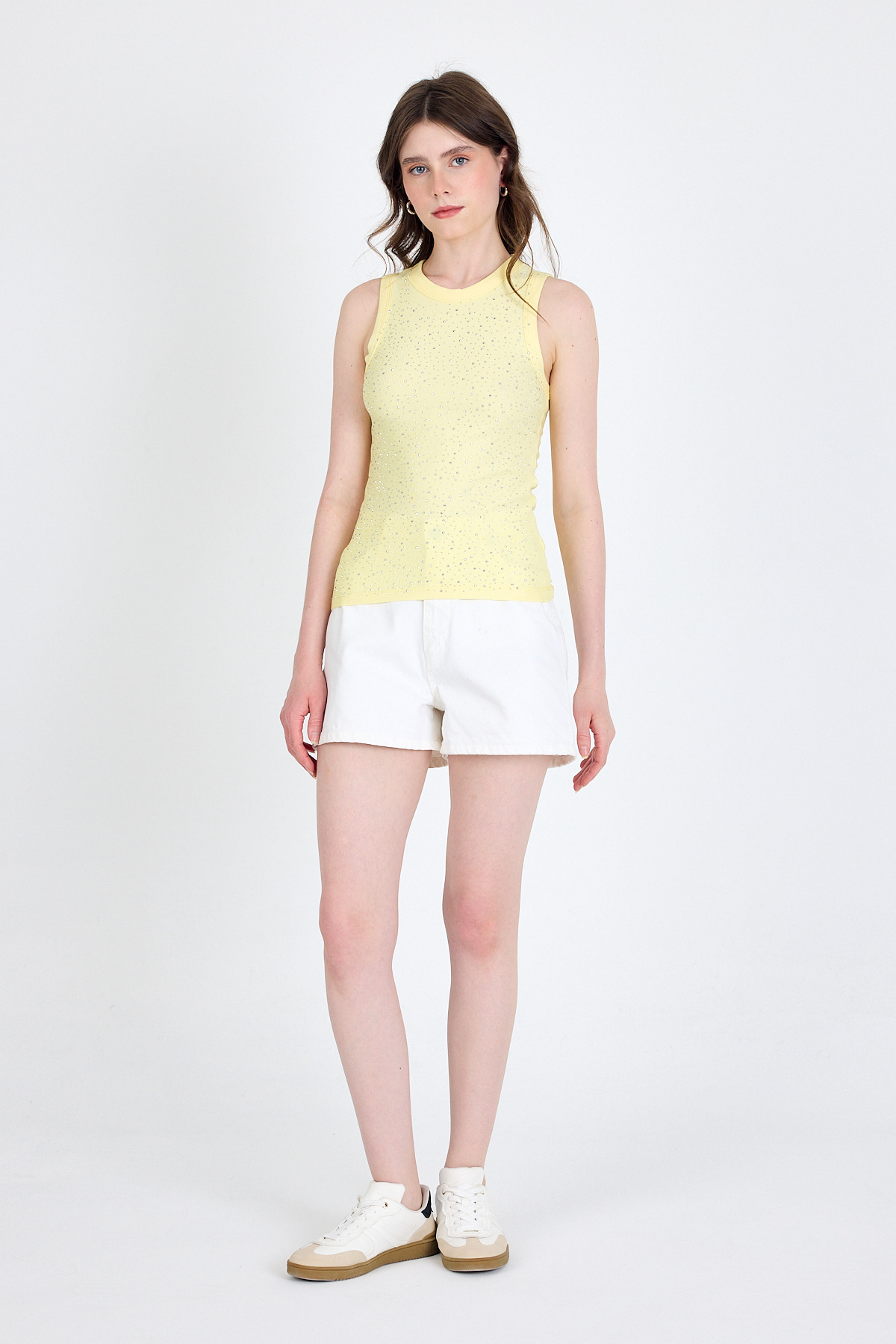 Sarı Taş İşleme Detaylı Halter Yaka Örme Atlet 0349 - 6
