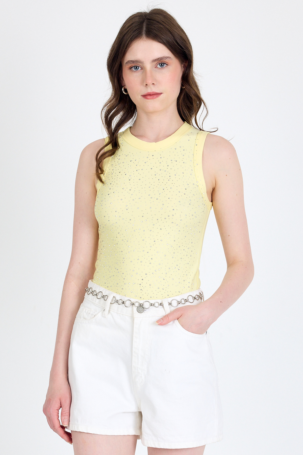 Sarı Taş İşleme Detaylı Halter Yaka Örme Atlet 0349 