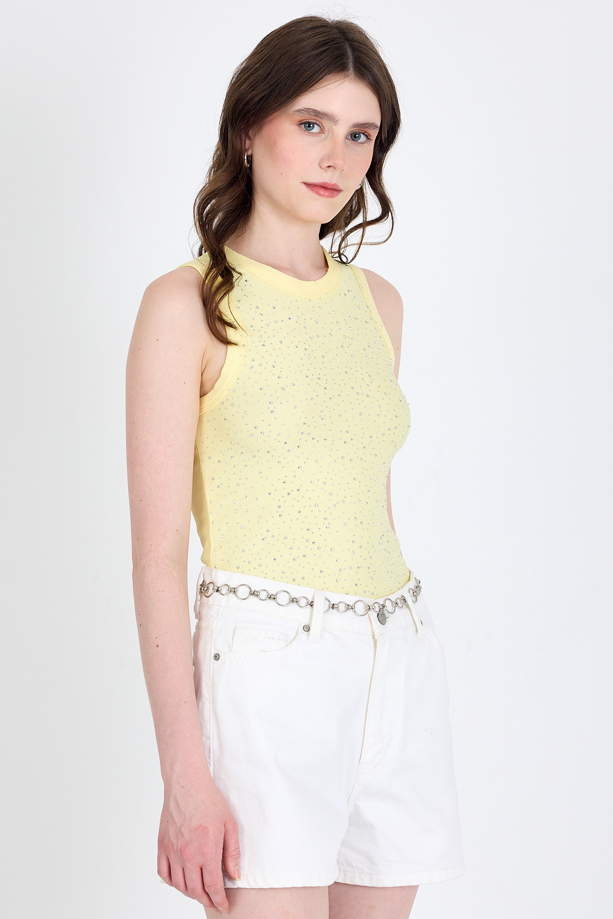 Sarı Taş İşleme Detaylı Halter Yaka Örme Atlet 0349 - 3