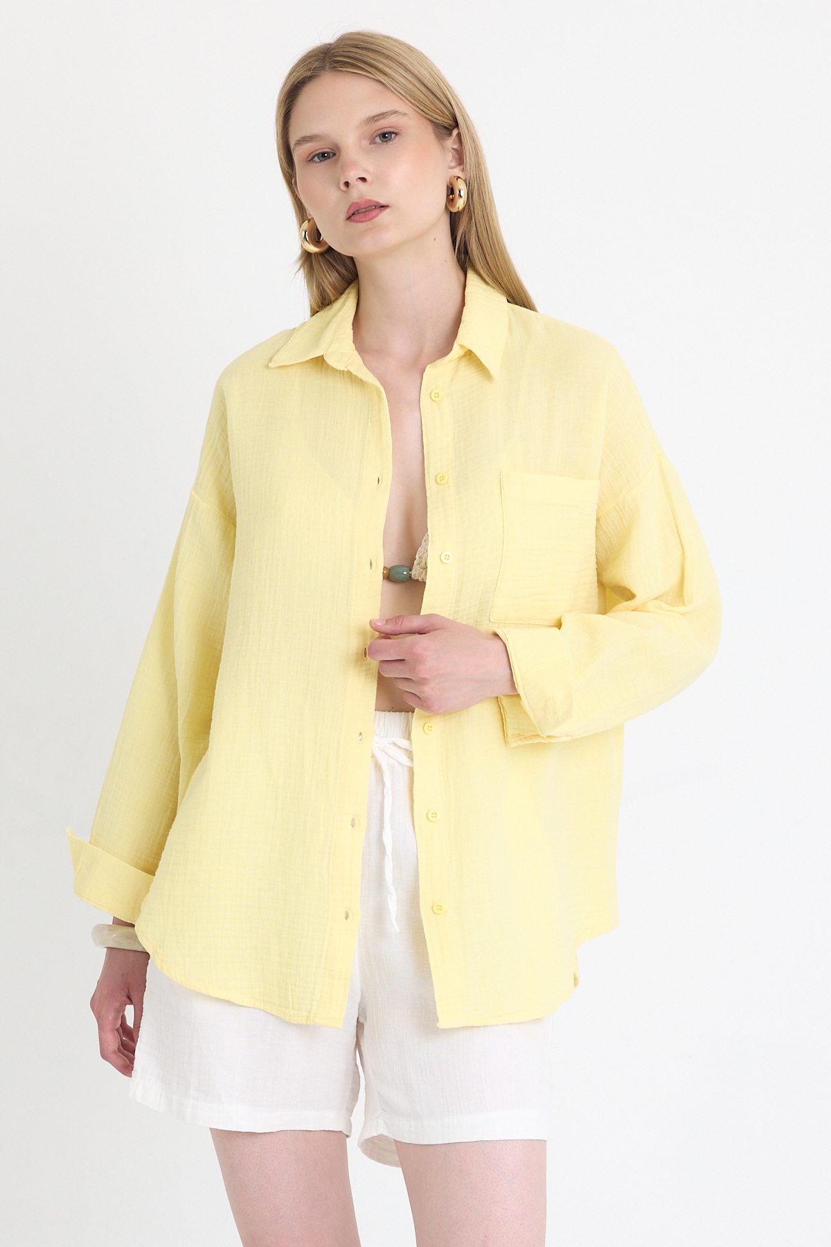 Sarı Tek Cepli %100 Pamuk Oversize Müslin Gömlek 4697A - 2