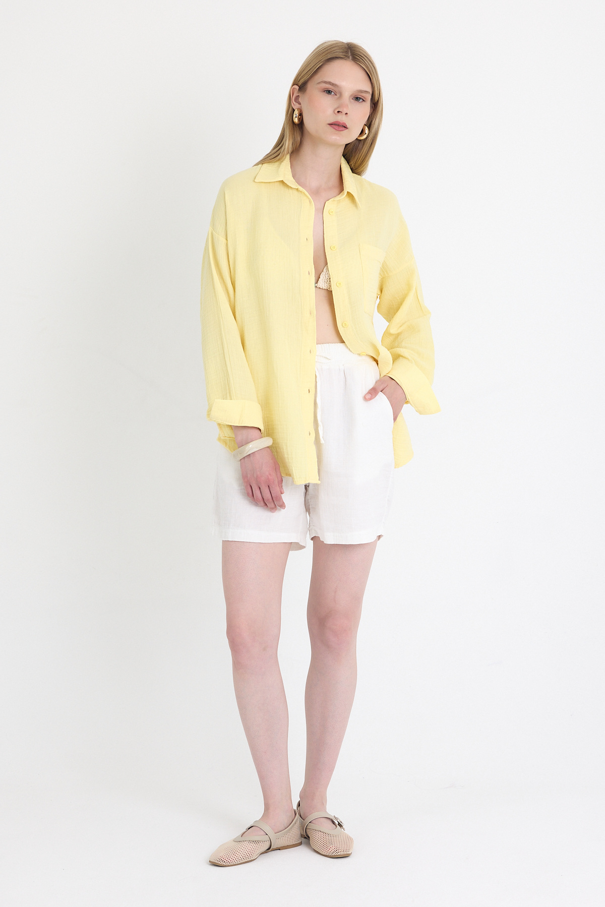 Sarı Tek Cepli %100 Pamuk Oversize Müslin Gömlek 4697A - RAYS
