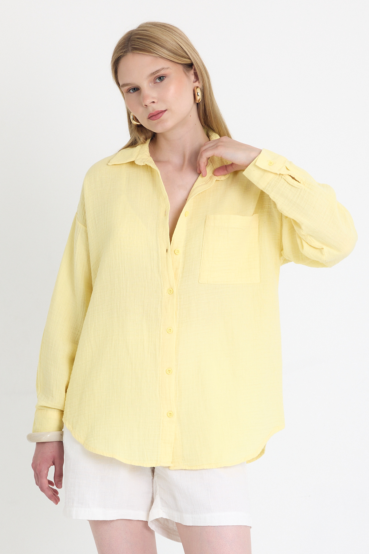 Sarı Tek Cepli %100 Pamuk Oversize Müslin Gömlek 4697A - 4