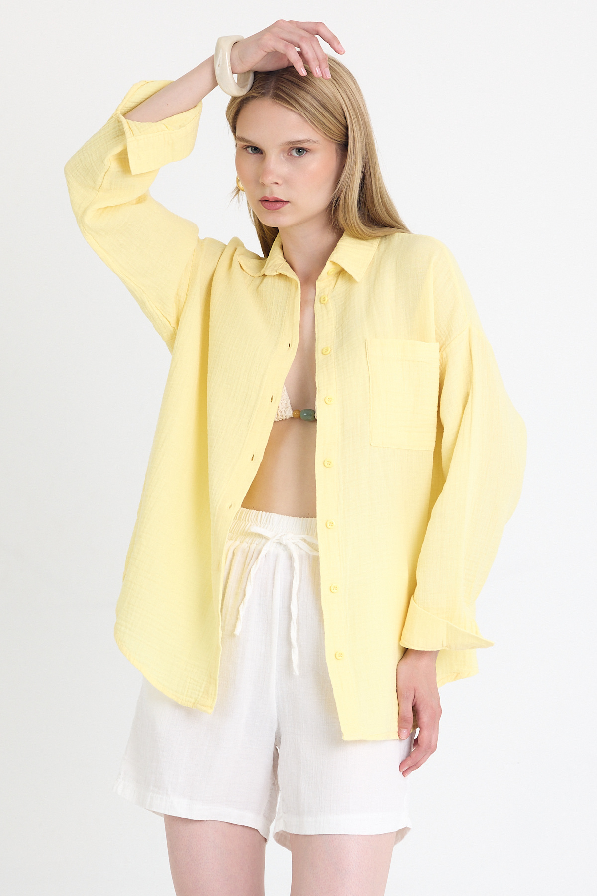 Sarı Tek Cepli %100 Pamuk Oversize Müslin Gömlek 4697A - 6