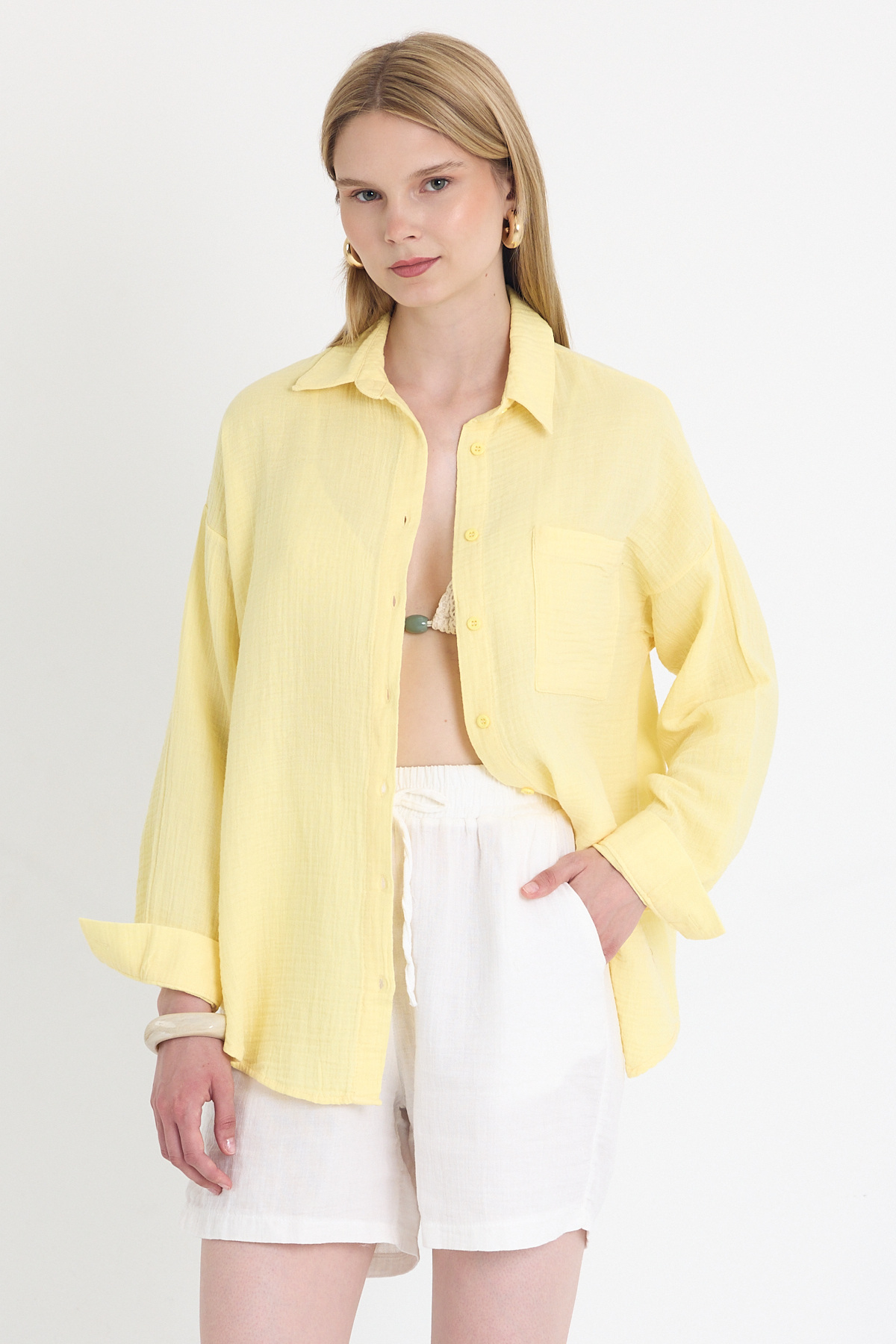 Sarı Tek Cepli %100 Pamuk Oversize Müslin Gömlek 4697A 