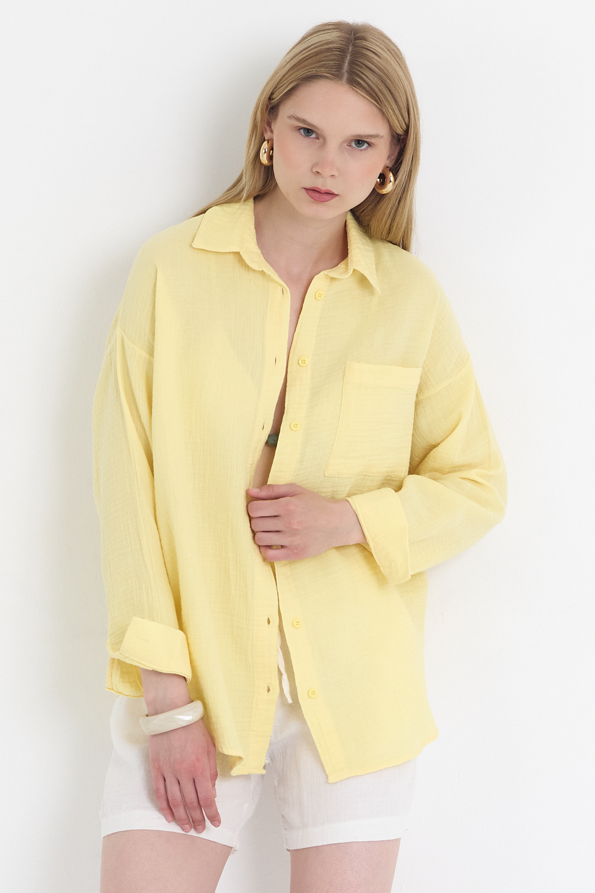 Sarı Tek Cepli %100 Pamuk Oversize Müslin Gömlek 4697A - 7