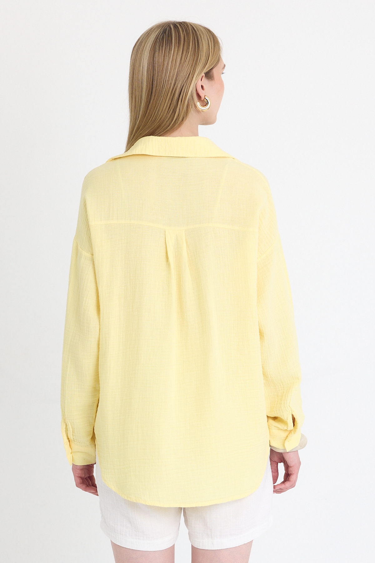 Sarı Tek Cepli %100 Pamuk Oversize Müslin Gömlek 4697A - 5