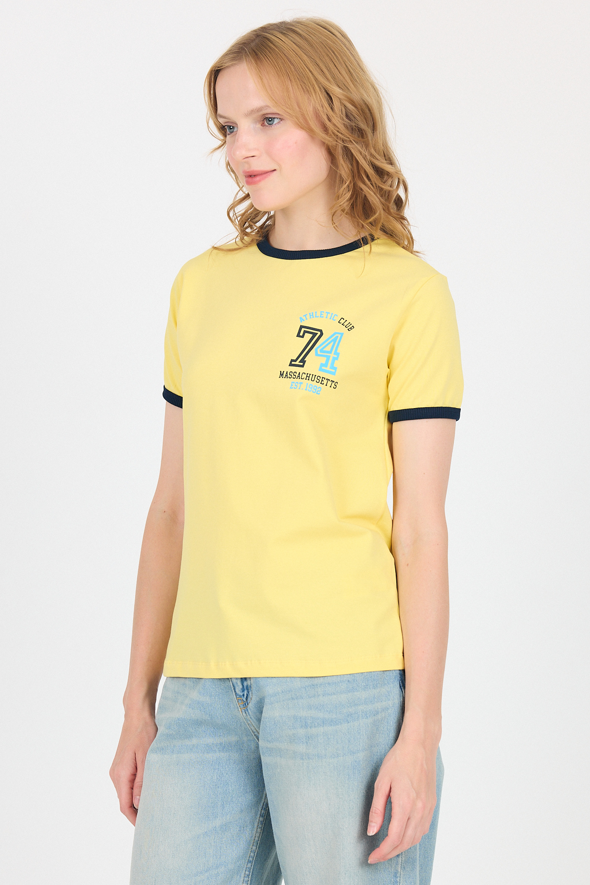Sarı Yazı Baskılı Regular Fit Ribana Detaylı Tişört 6325 - RAYS