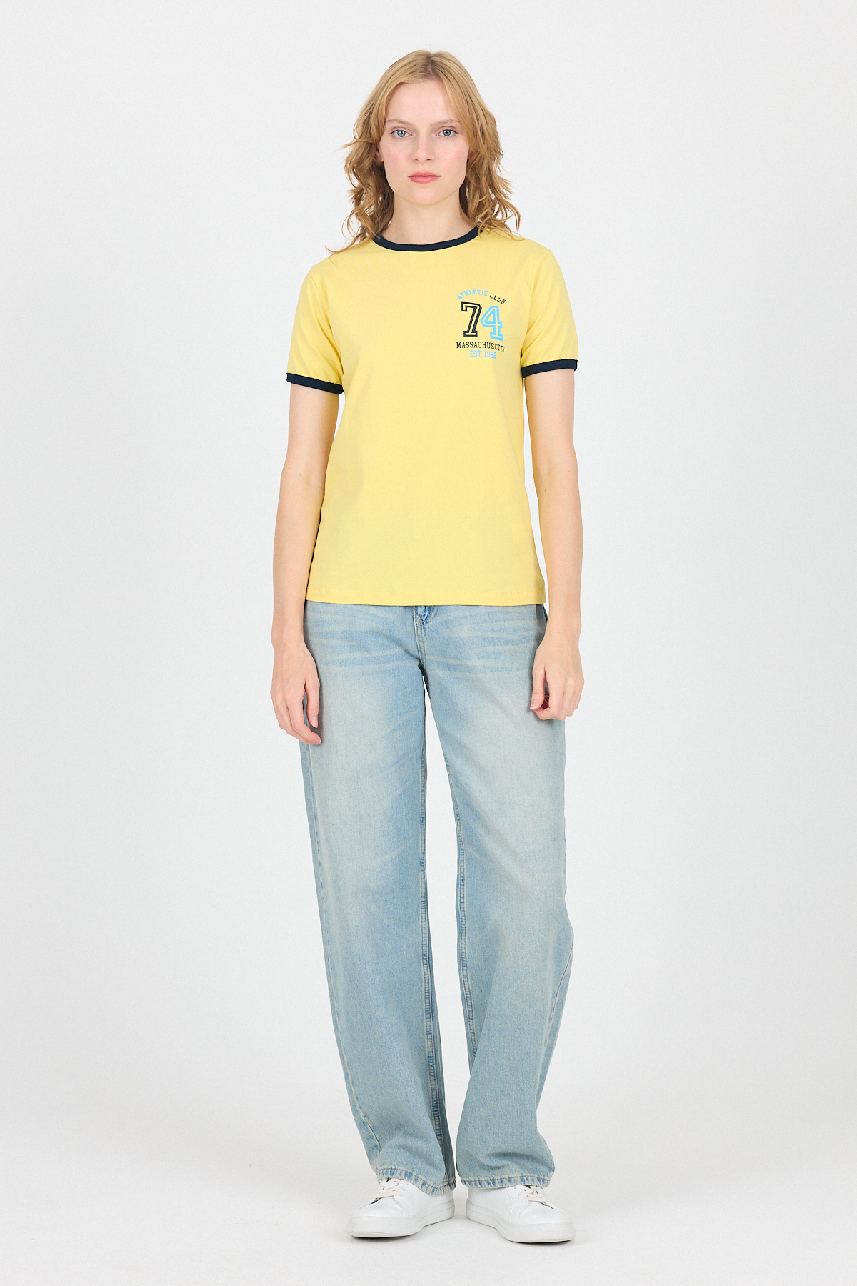Sarı Yazı Baskılı Regular Fit Ribana Detaylı Tişört 6325 - RAYS