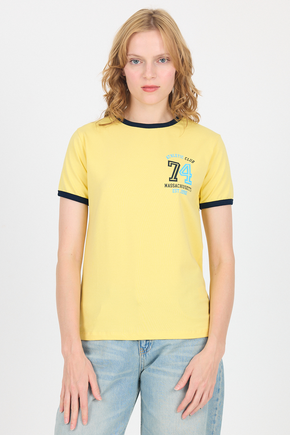 Sarı Yazı Baskılı Regular Fit Ribana Detaylı Tişört 6325 - 7