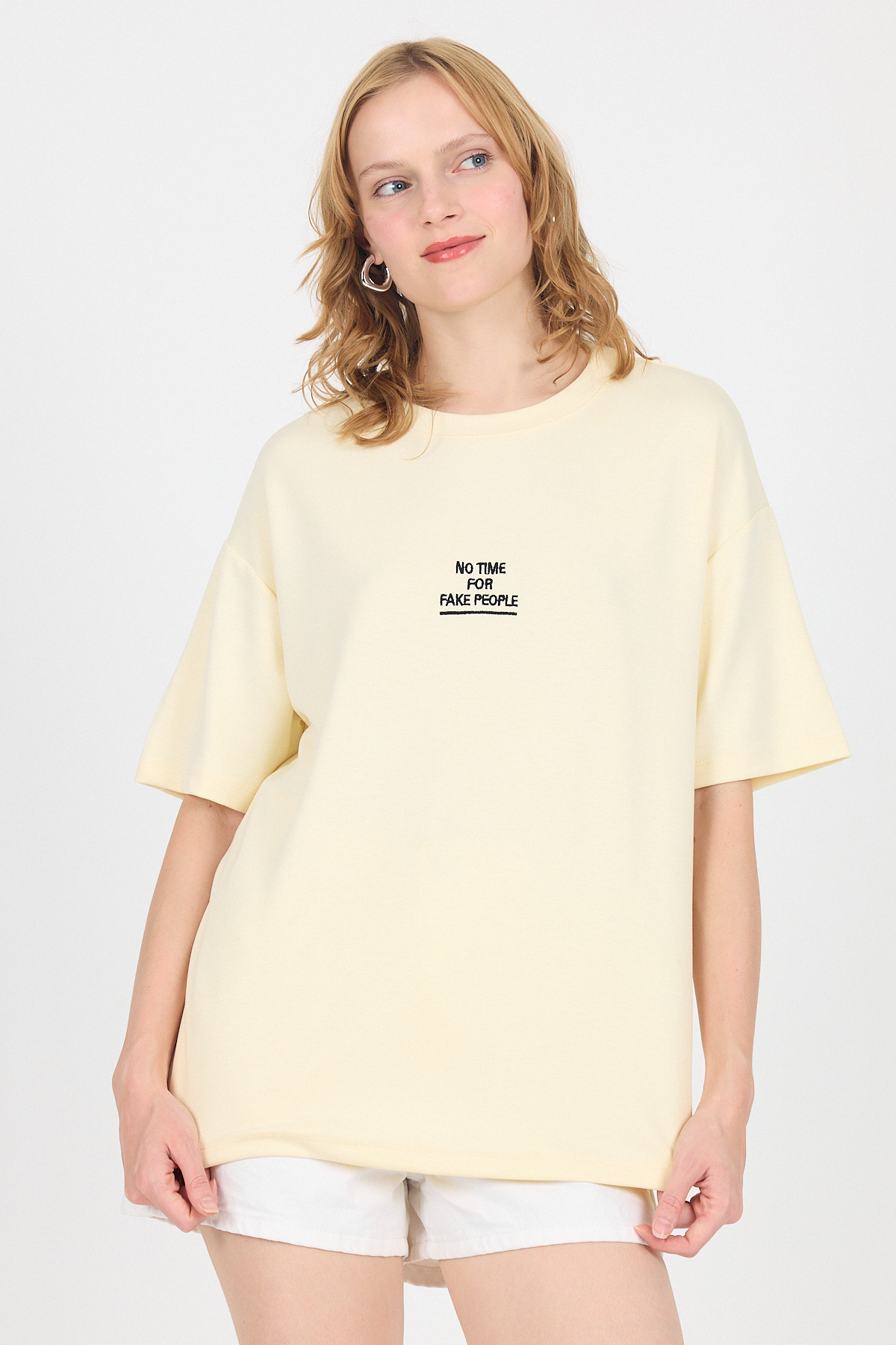 Sarı Yumuşak Dokulu Yazı Baskılı Oversize Tişört 6265 - 1