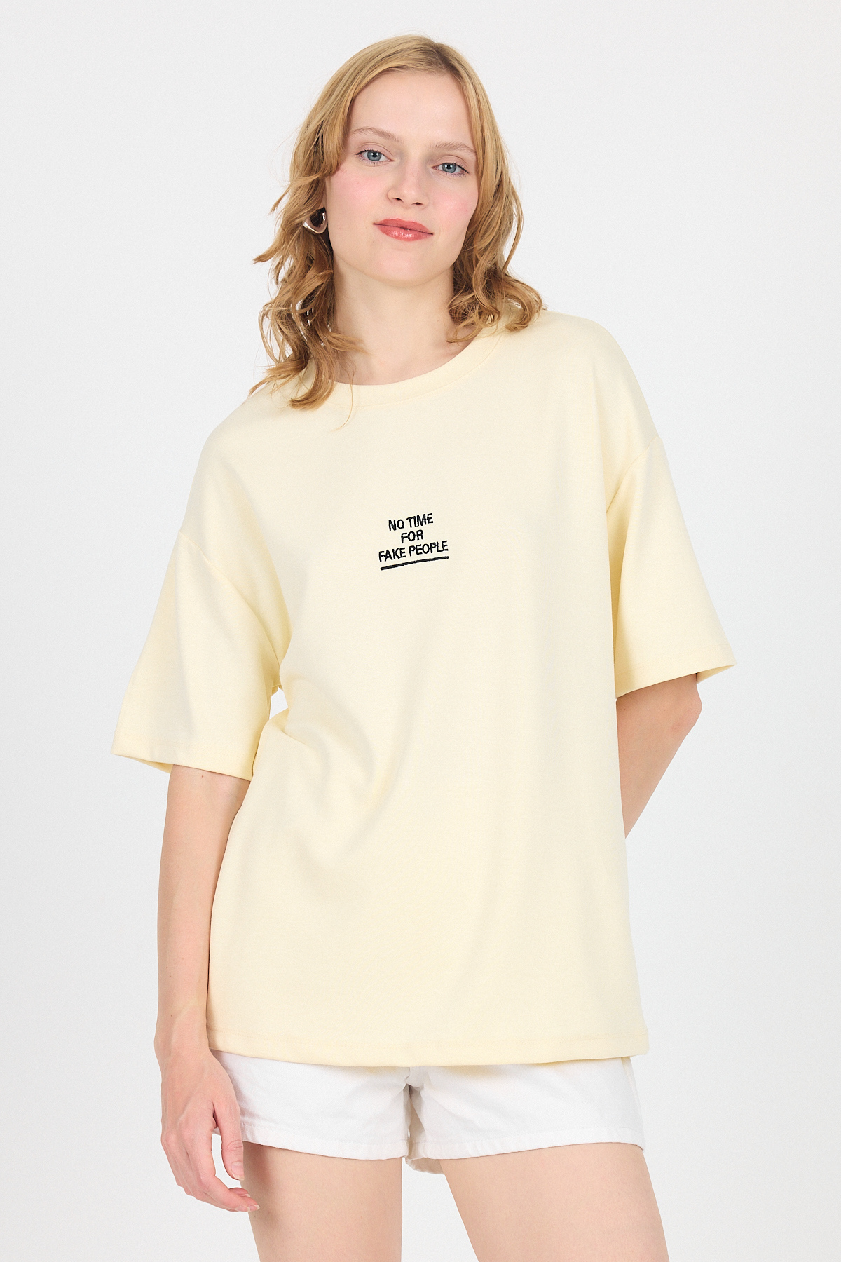 Sarı Yumuşak Dokulu Yazı Baskılı Oversize Tişört 6265 - 2