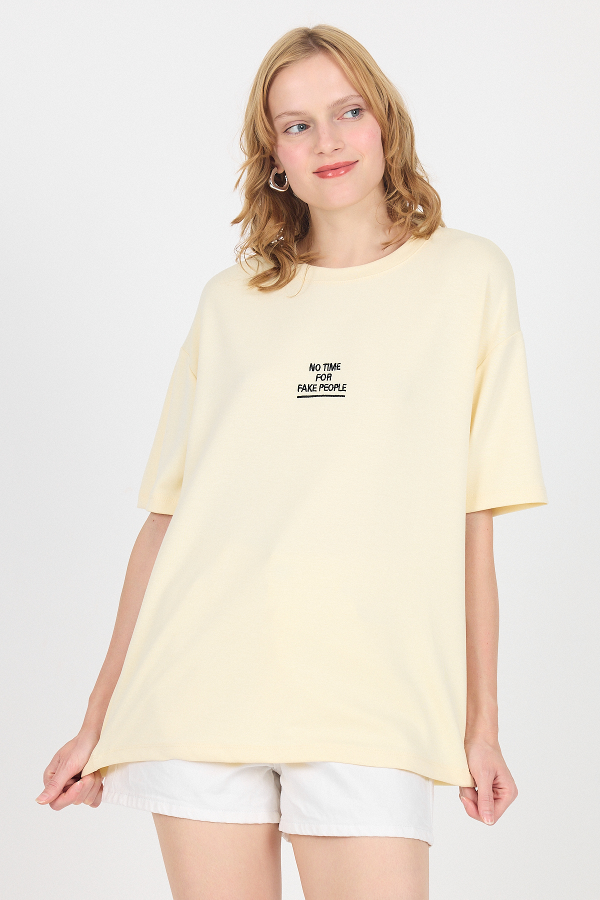 Sarı Yumuşak Dokulu Yazı Baskılı Oversize Tişört 6265 - 7