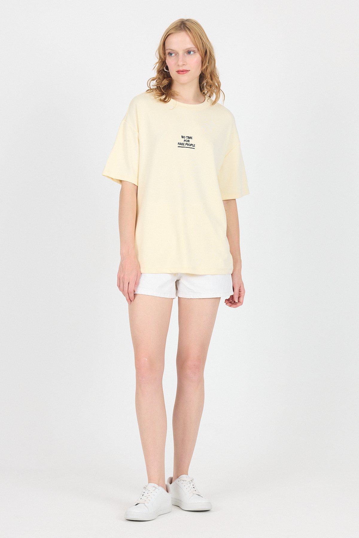 Sarı Yumuşak Dokulu Yazı Baskılı Oversize Tişört 6265 - 3