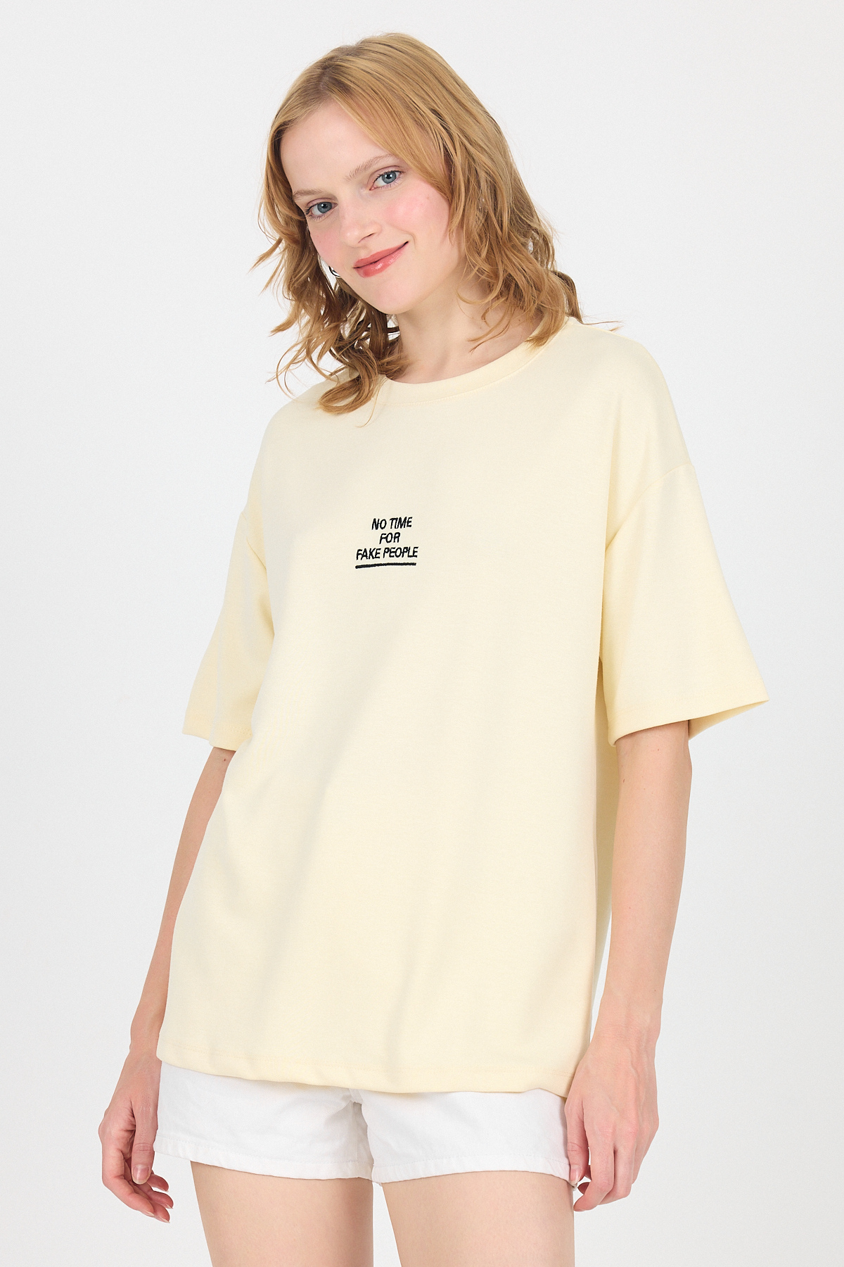 Sarı Yumuşak Dokulu Yazı Baskılı Oversize Tişört 6265 - 6