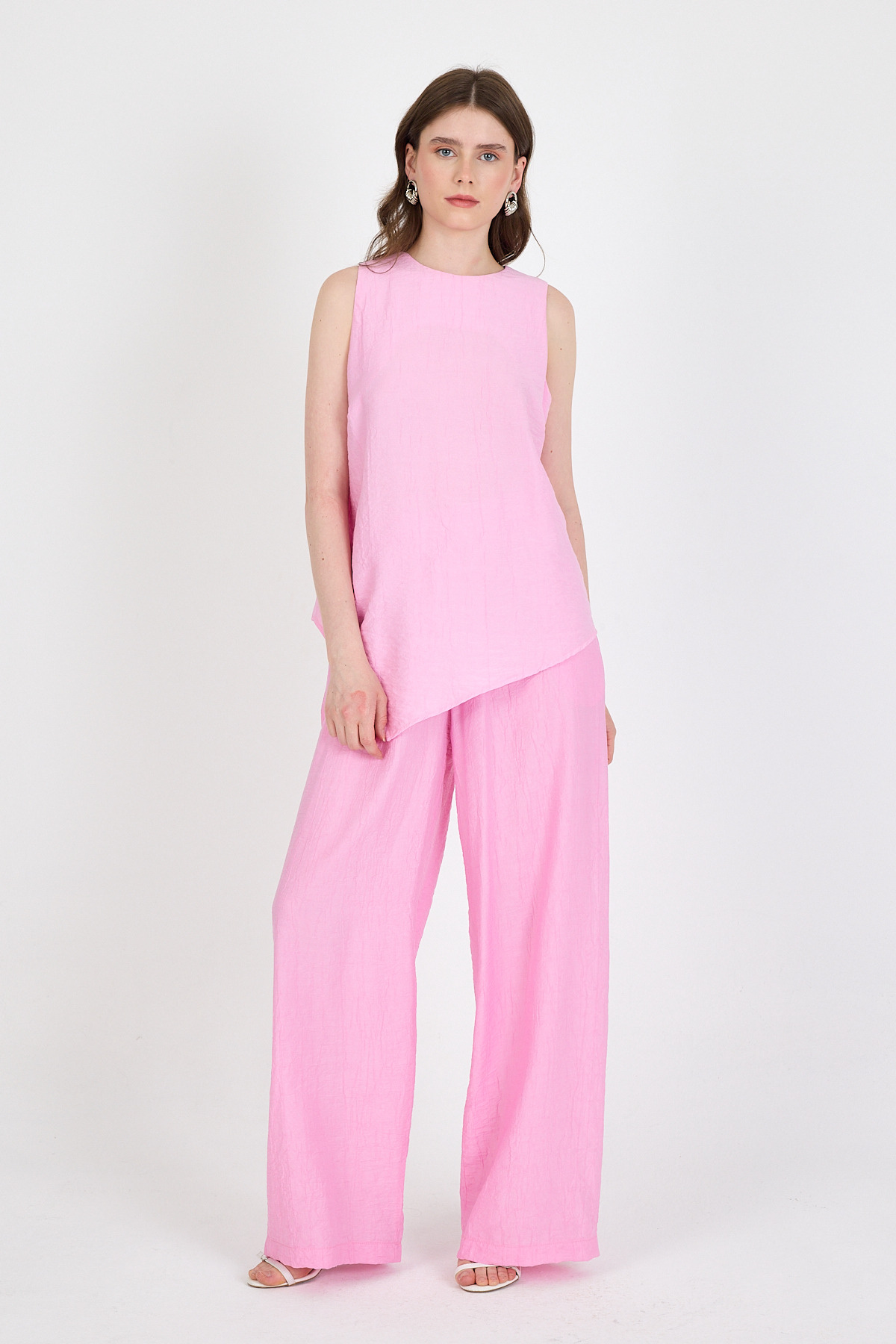 Şeker Pembe Asimetrik Kesim Bluz Pantolon İkili Takım 5219 - 2